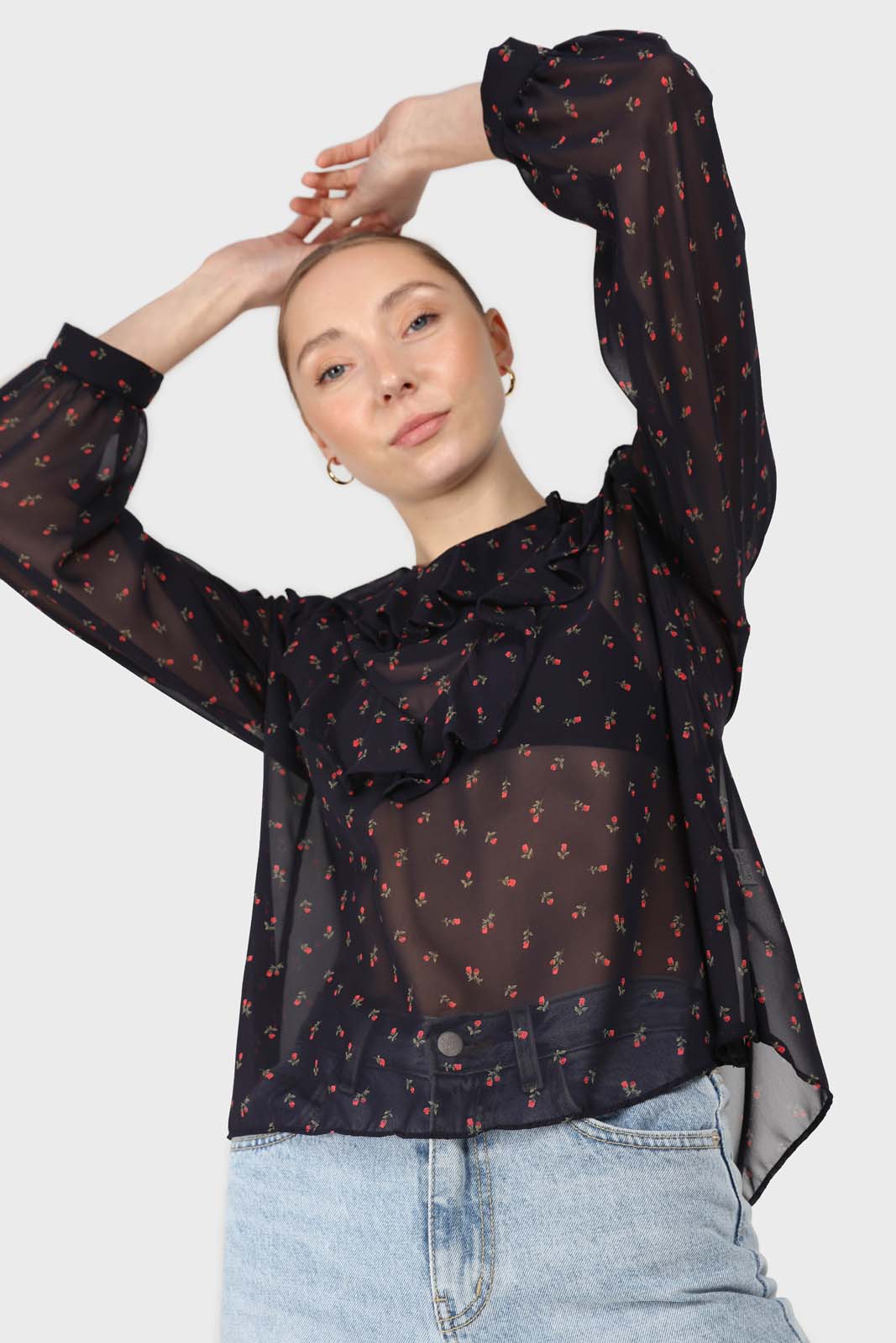 Black and red floral print frill blouse_4