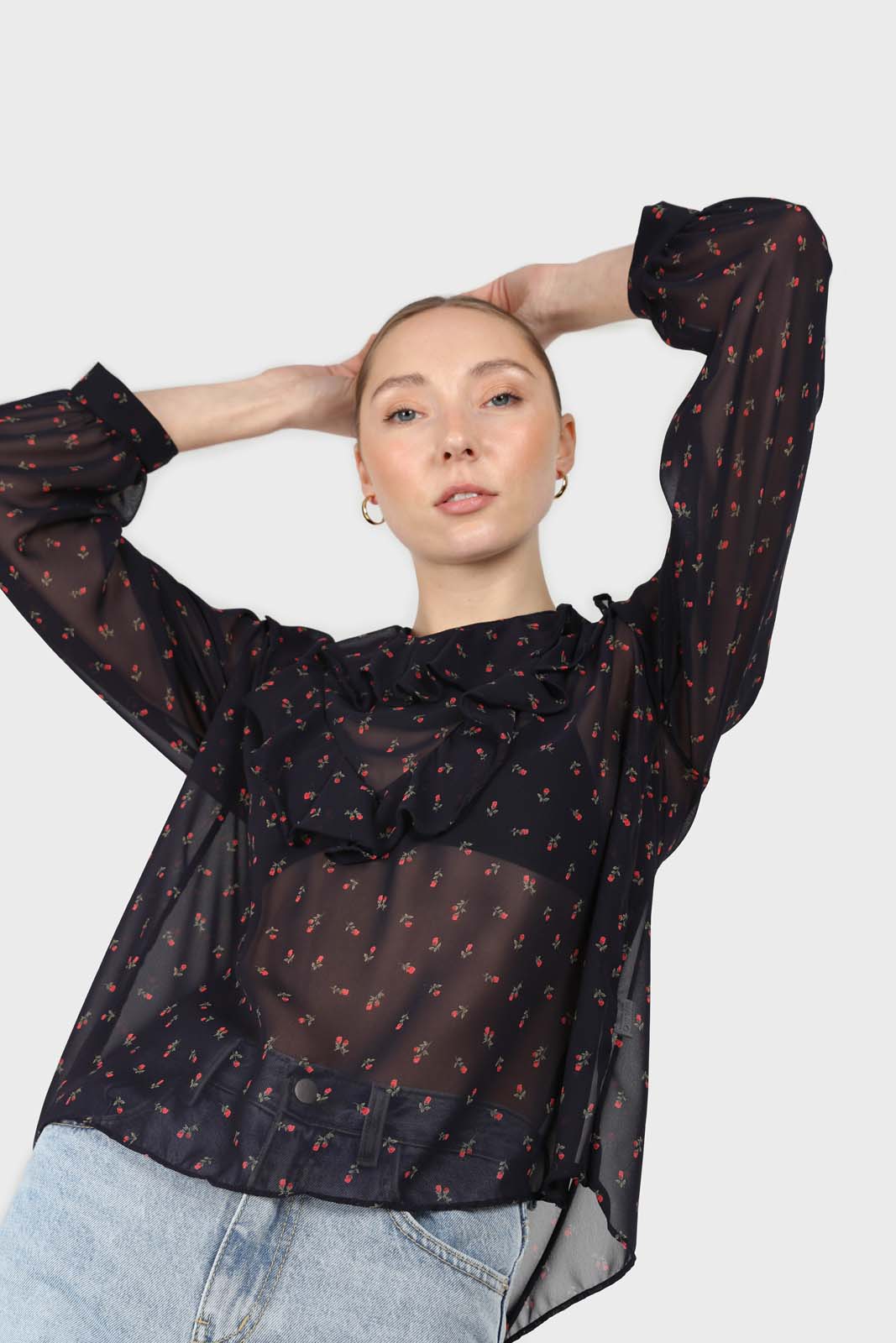 Black and red floral print frill blouse_5