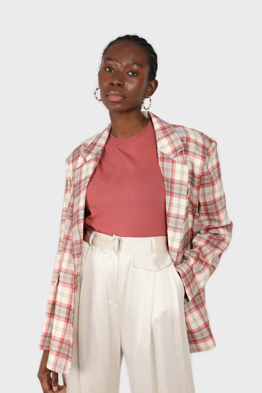 Bright pink grey and white checked blazer_1