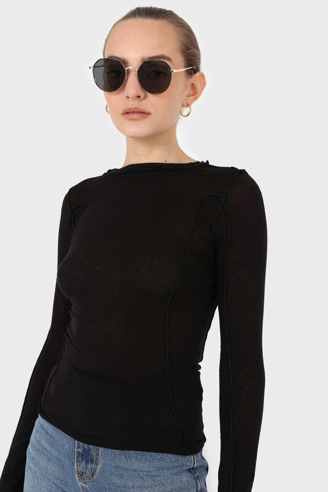 Black jersey frill seam long sleeved top_1