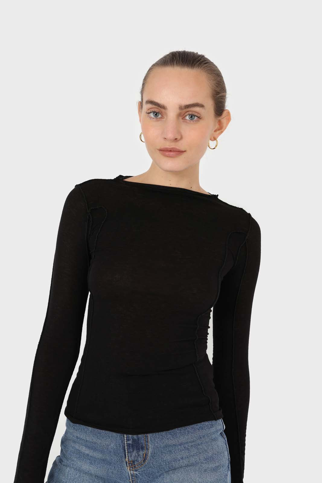 Black jersey frill seam long sleeved top_3