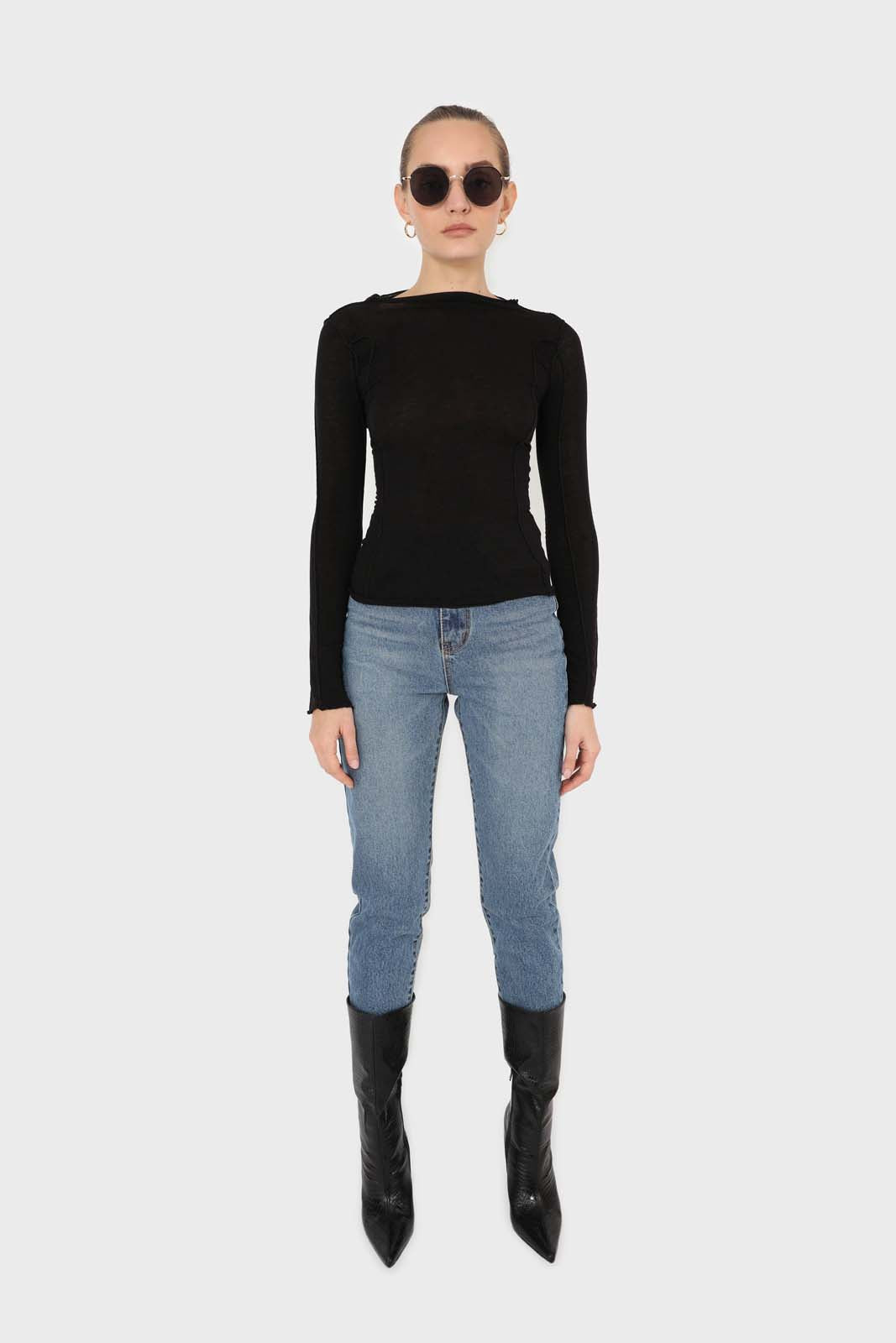 Black jersey frill seam long sleeved top_6