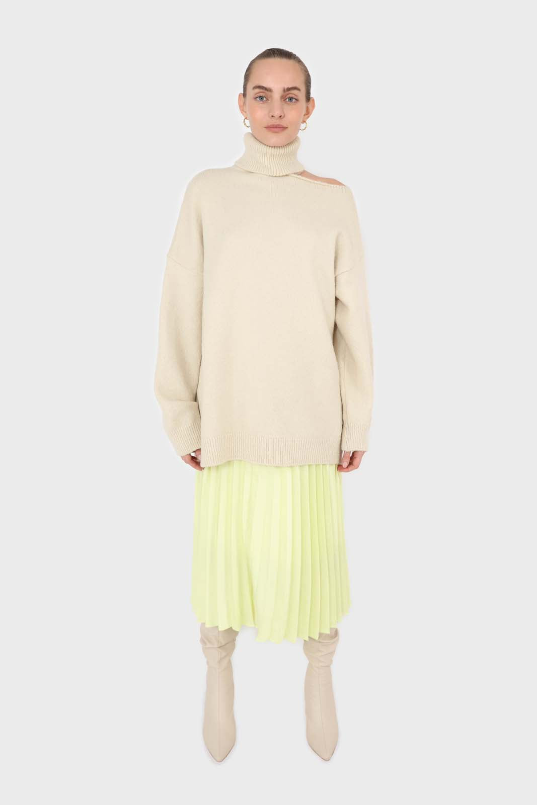 Lemon yellow silky pleated maxi skirt_2