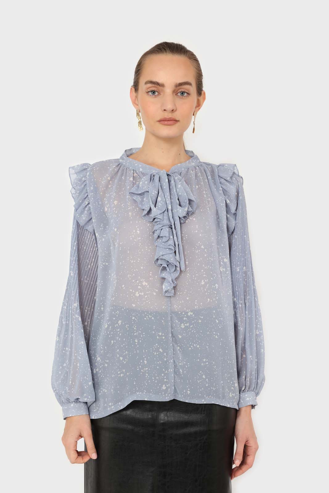 Light blue splatter print ruffled micropleat blouse_1