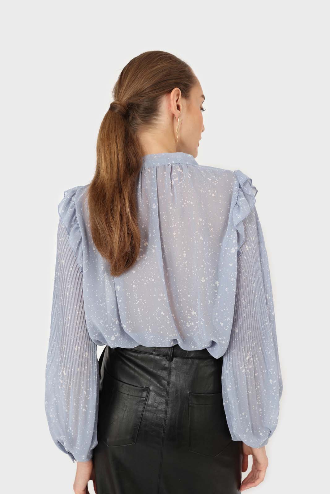 Light blue splatter print ruffled micropleat blouse_7