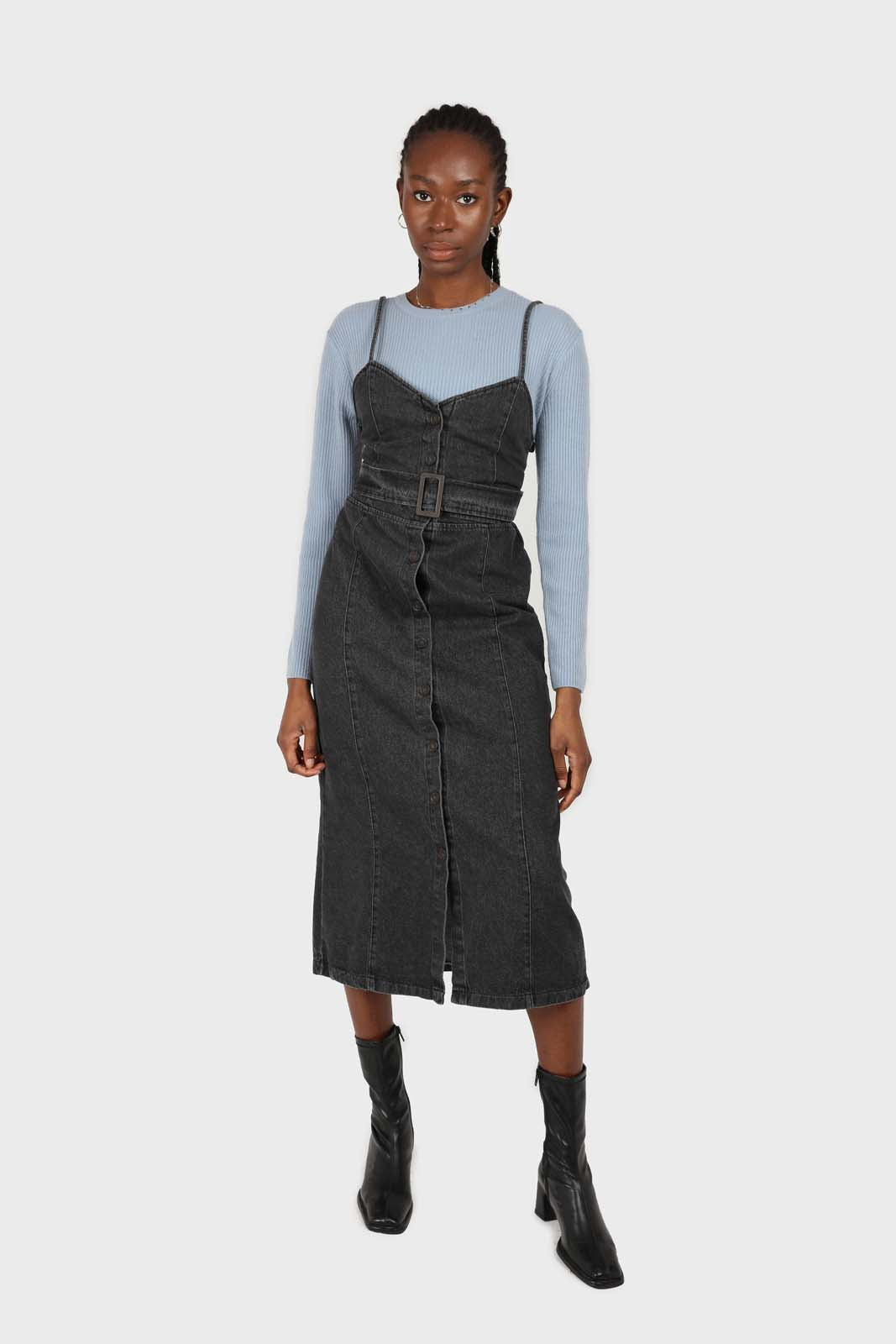 Washed black denim button front maxi dress_1