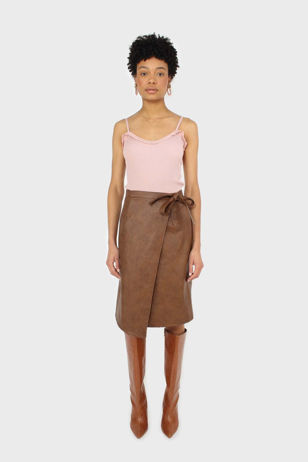 Brown vegan leather wrap midi skirt_1