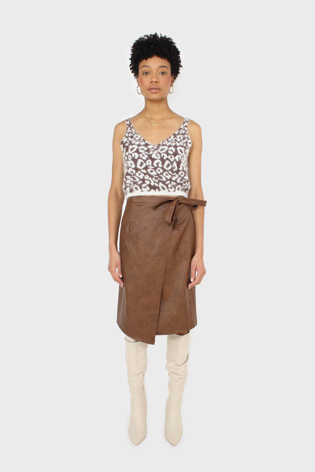 Brown vegan leather wrap midi skirt_5