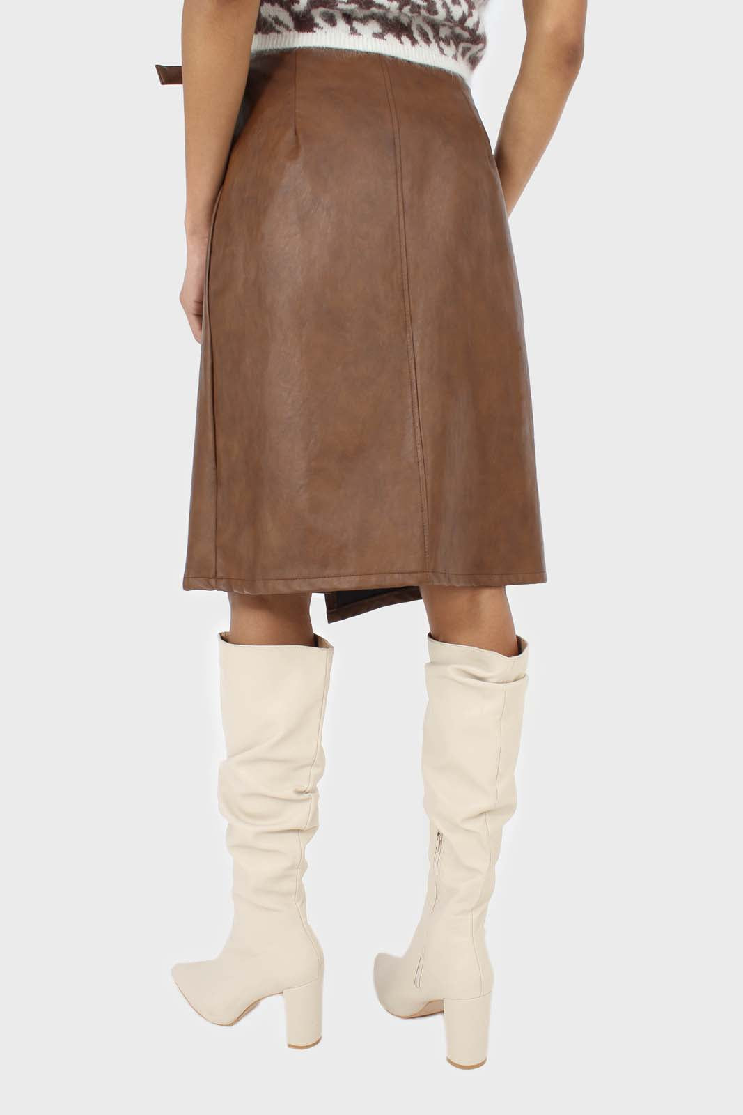 Brown vegan leather wrap midi skirt_7