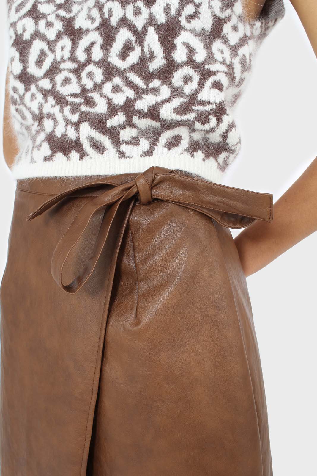Brown vegan leather wrap midi skirt_3