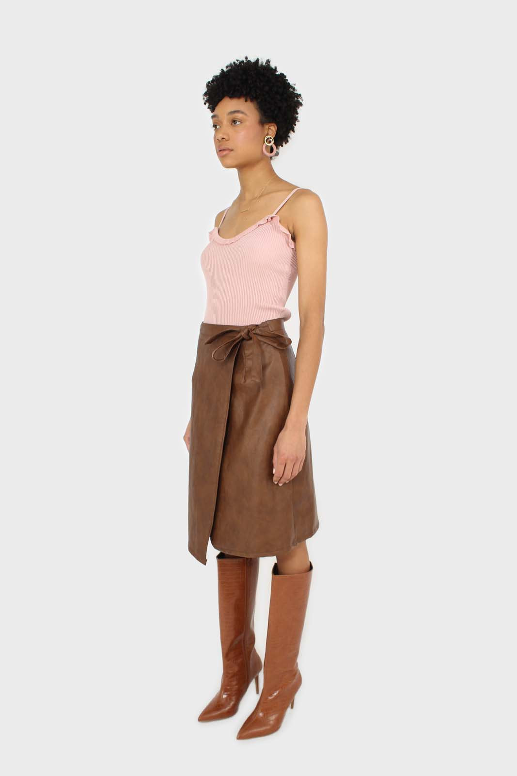 Brown vegan leather wrap midi skirt_2