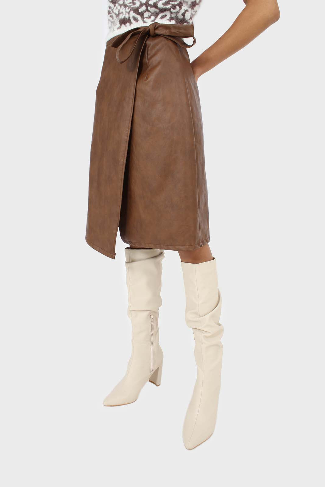 Brown vegan leather wrap midi skirt_4