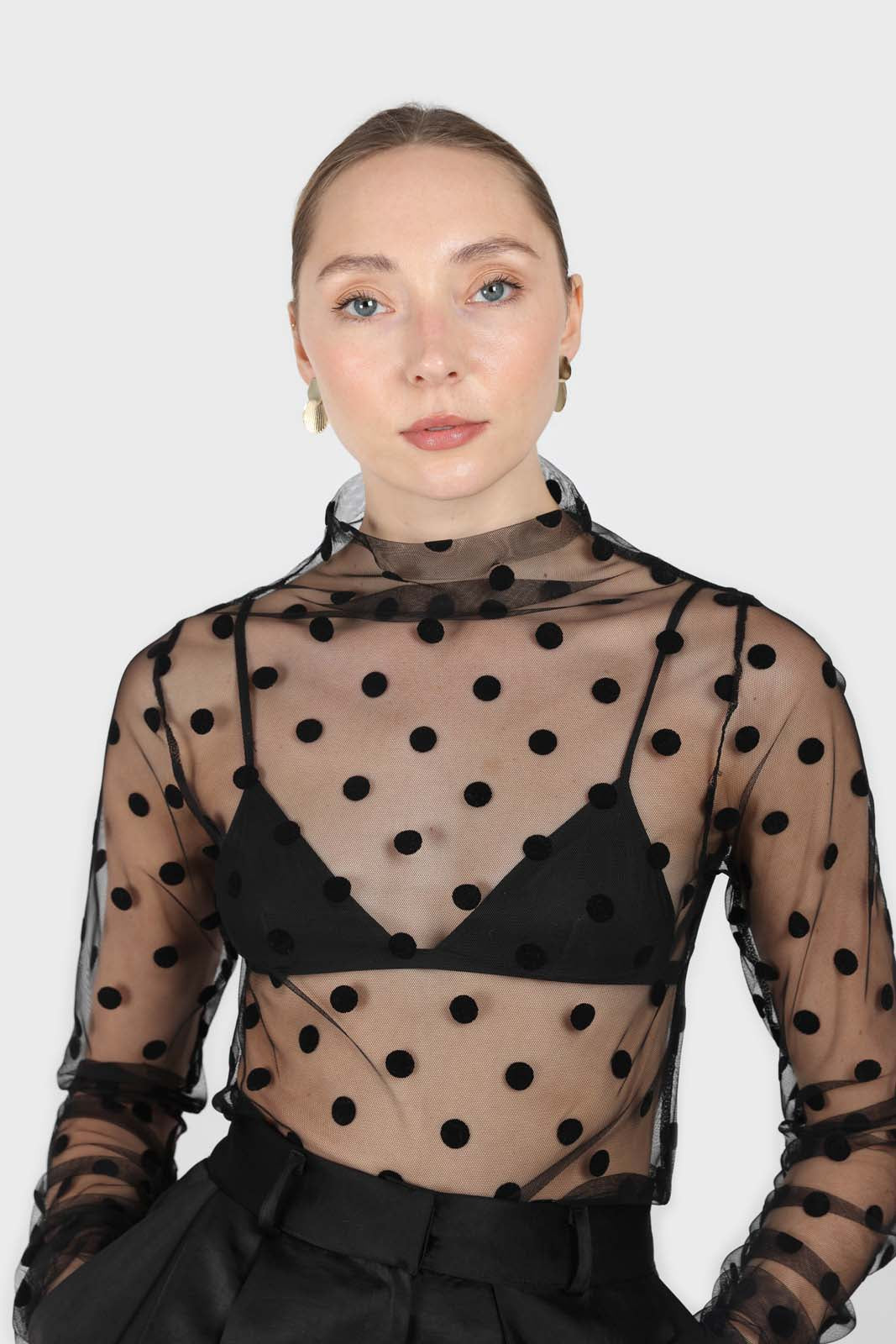Black sheer polka dot long sleeved top_1