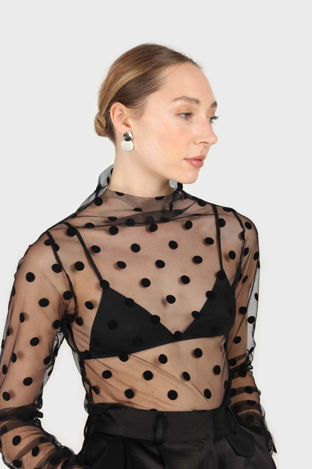 Black sheer polka dot long sleeved top_4