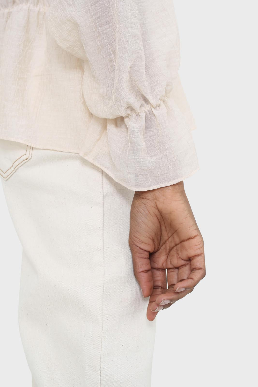 Beige sheer frill cuff tiered blouse_8