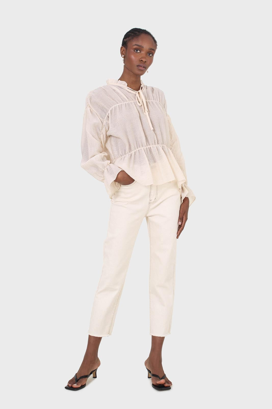 Beige sheer frill cuff tiered blouse_3