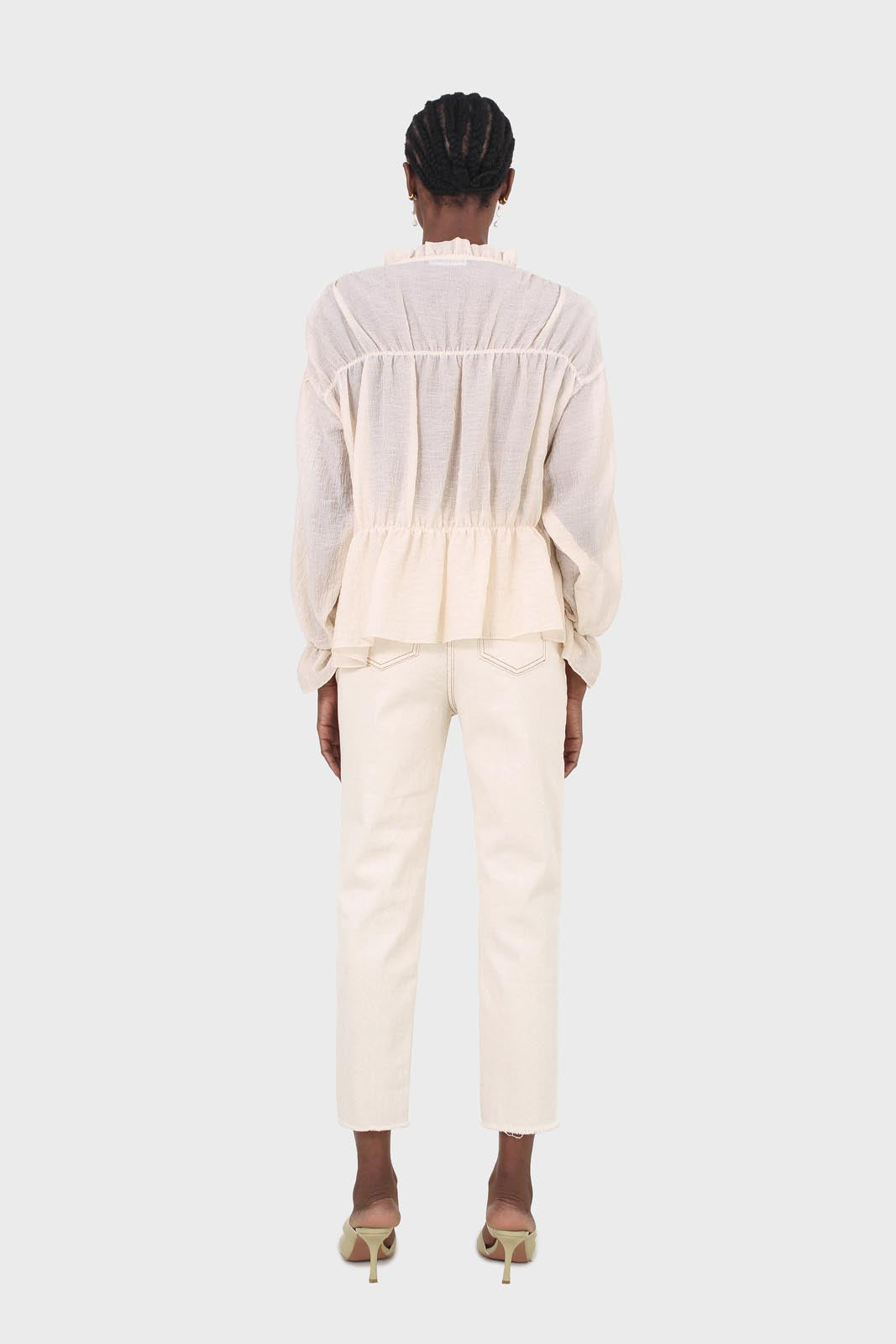 Beige sheer frill cuff tiered blouse_4