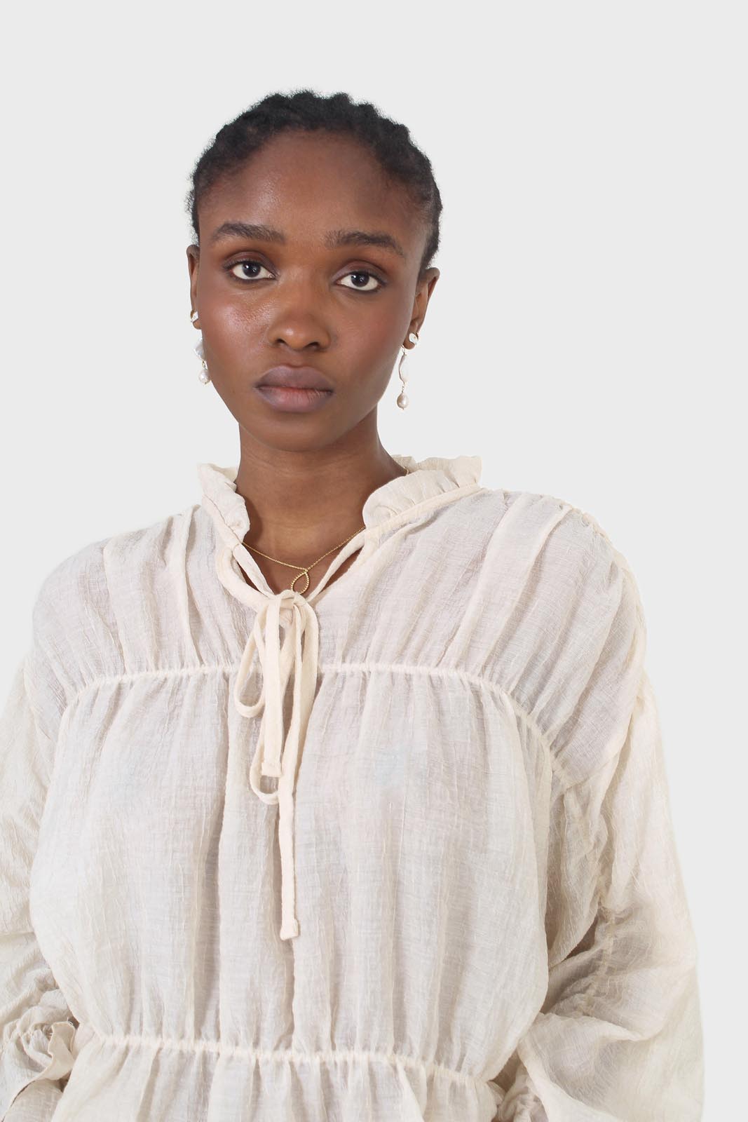 Beige sheer frill cuff tiered blouse_5