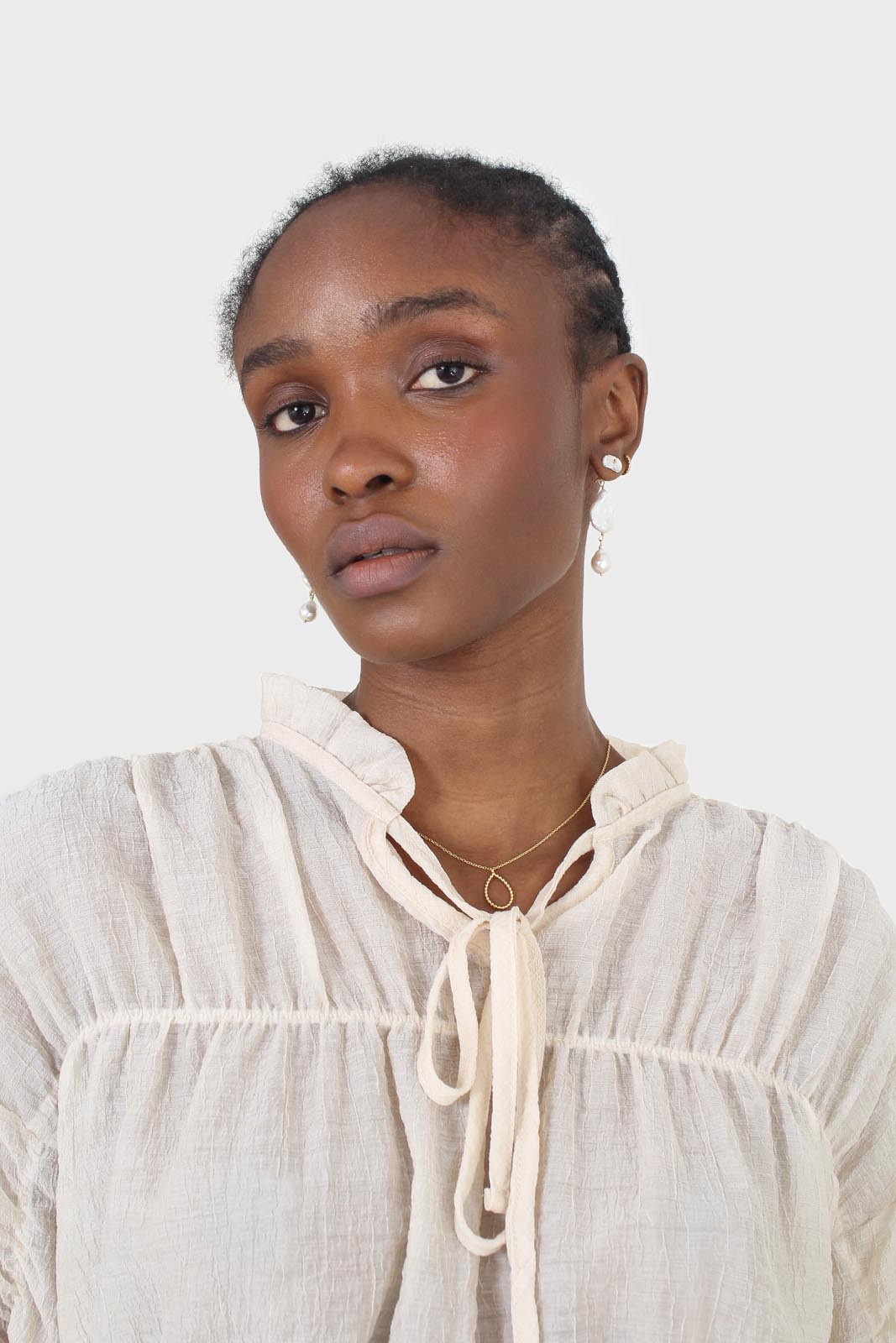 Beige sheer frill cuff tiered blouse_2