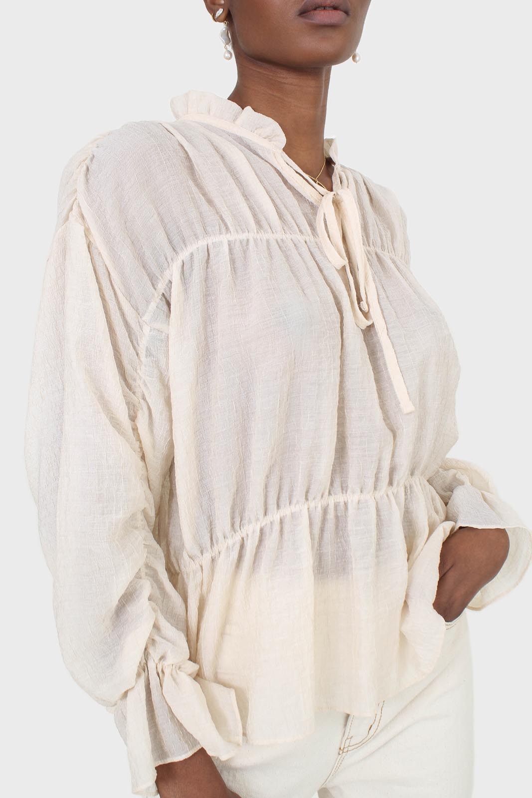 Beige sheer frill cuff tiered blouse_9