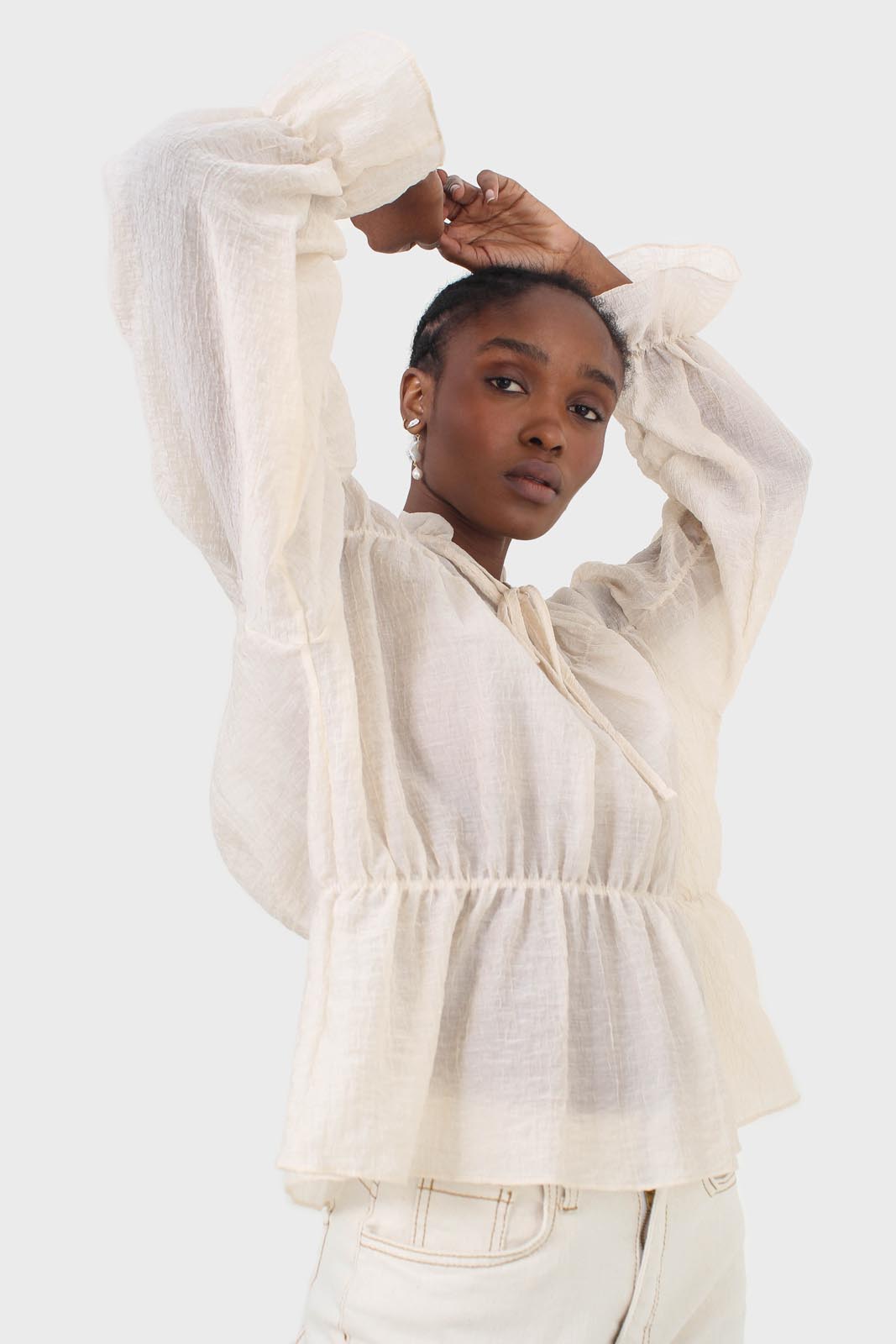 Beige sheer frill cuff tiered blouse_10