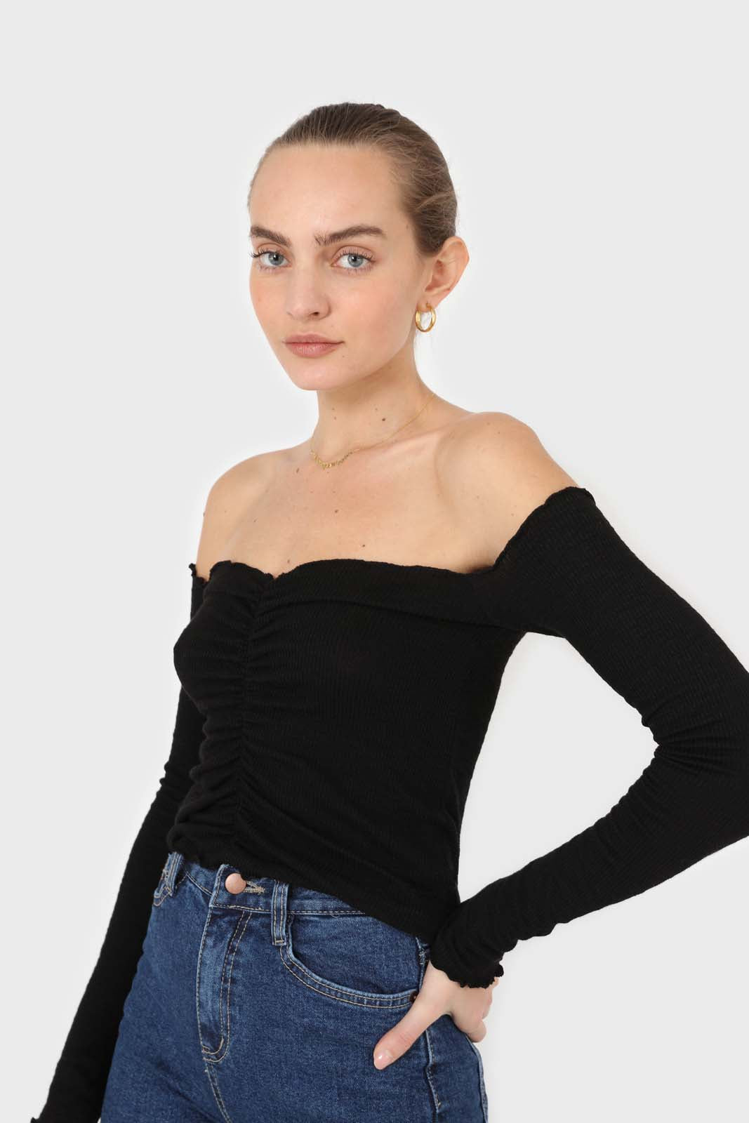 Black off shoulder ruched front ribbed top_1