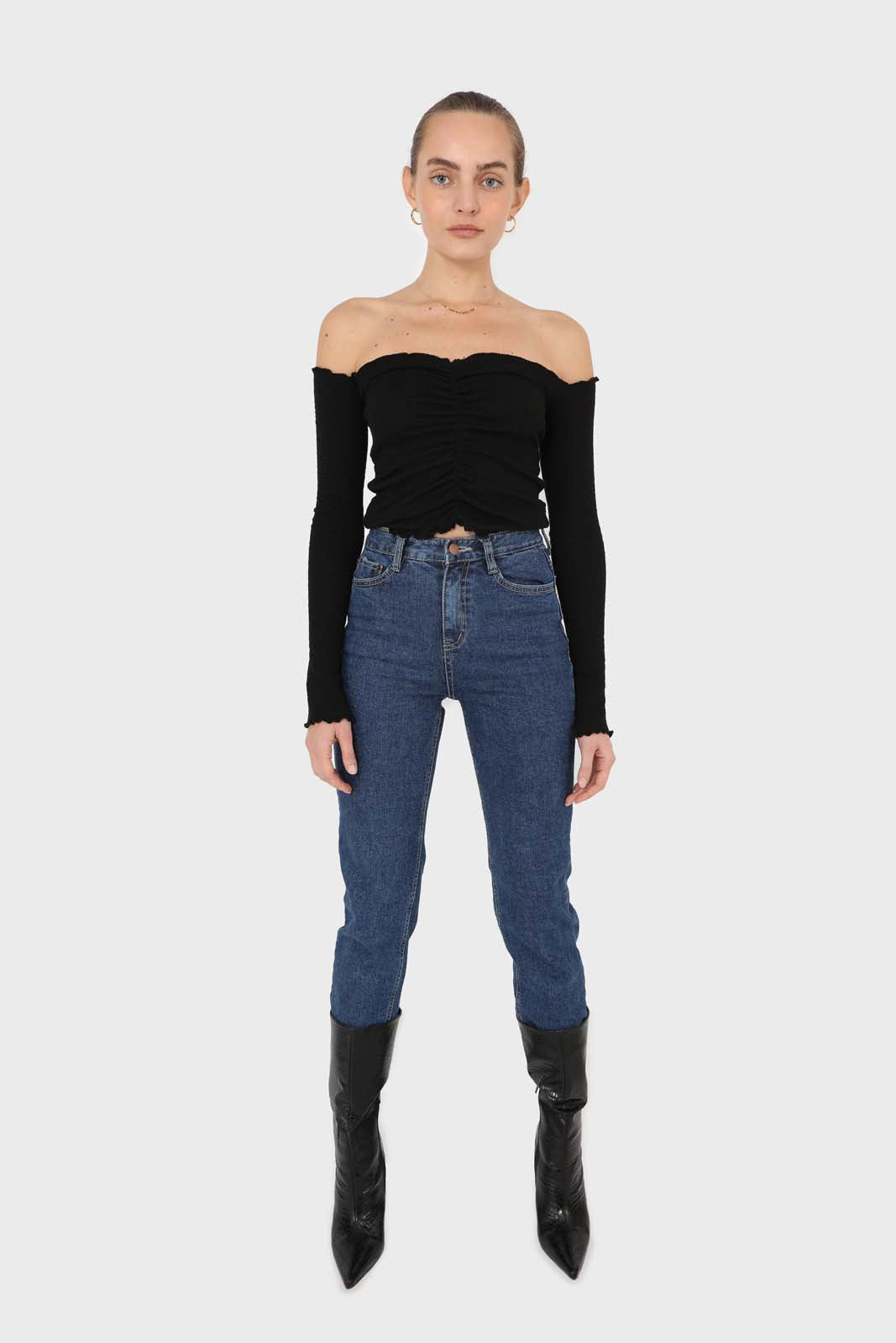 Black off shoulder ruched front ribbed top_2