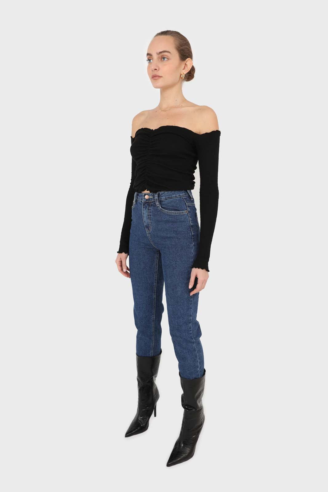 Black off shoulder ruched front ribbed top_3