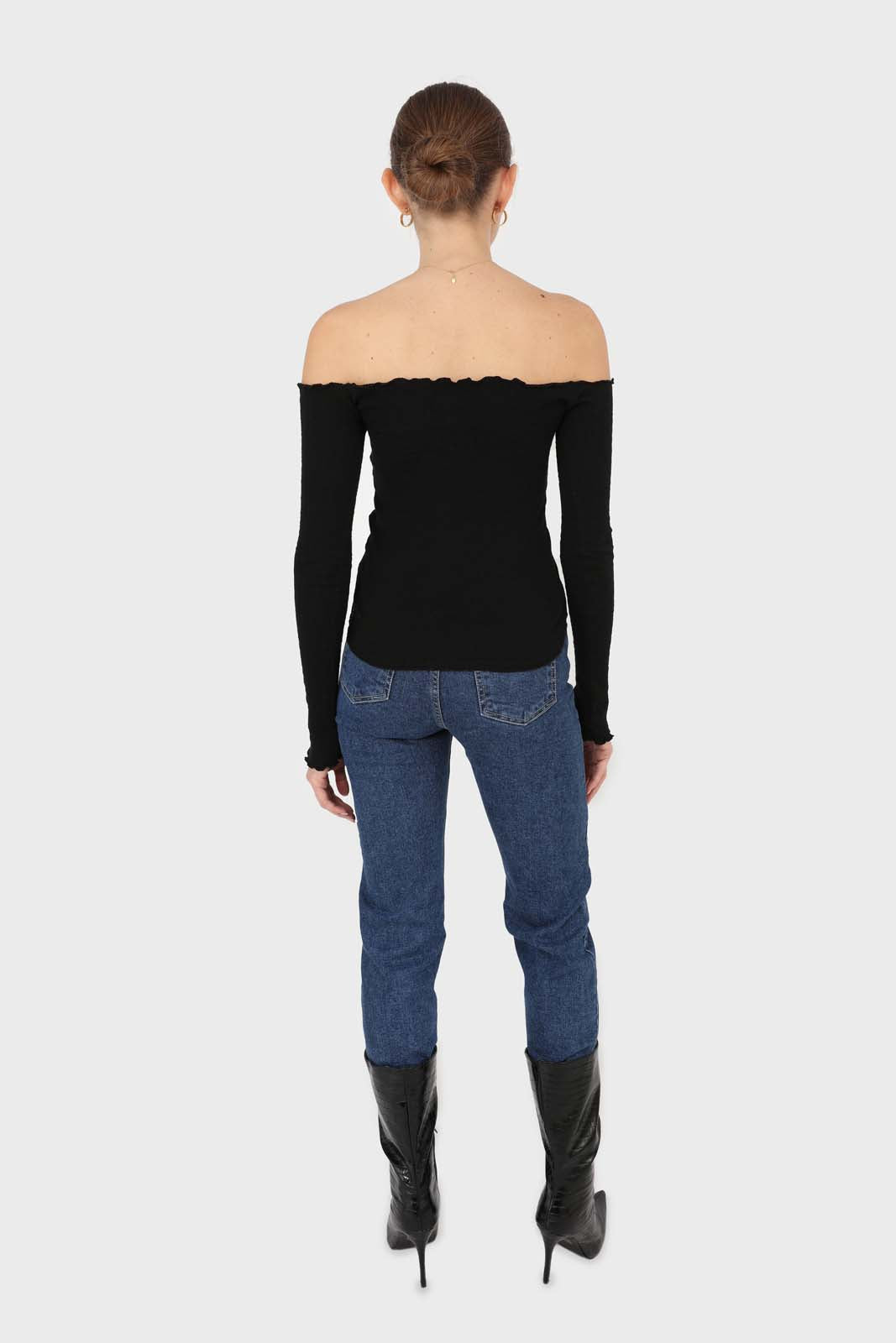 Black off shoulder ruched front ribbed top_4