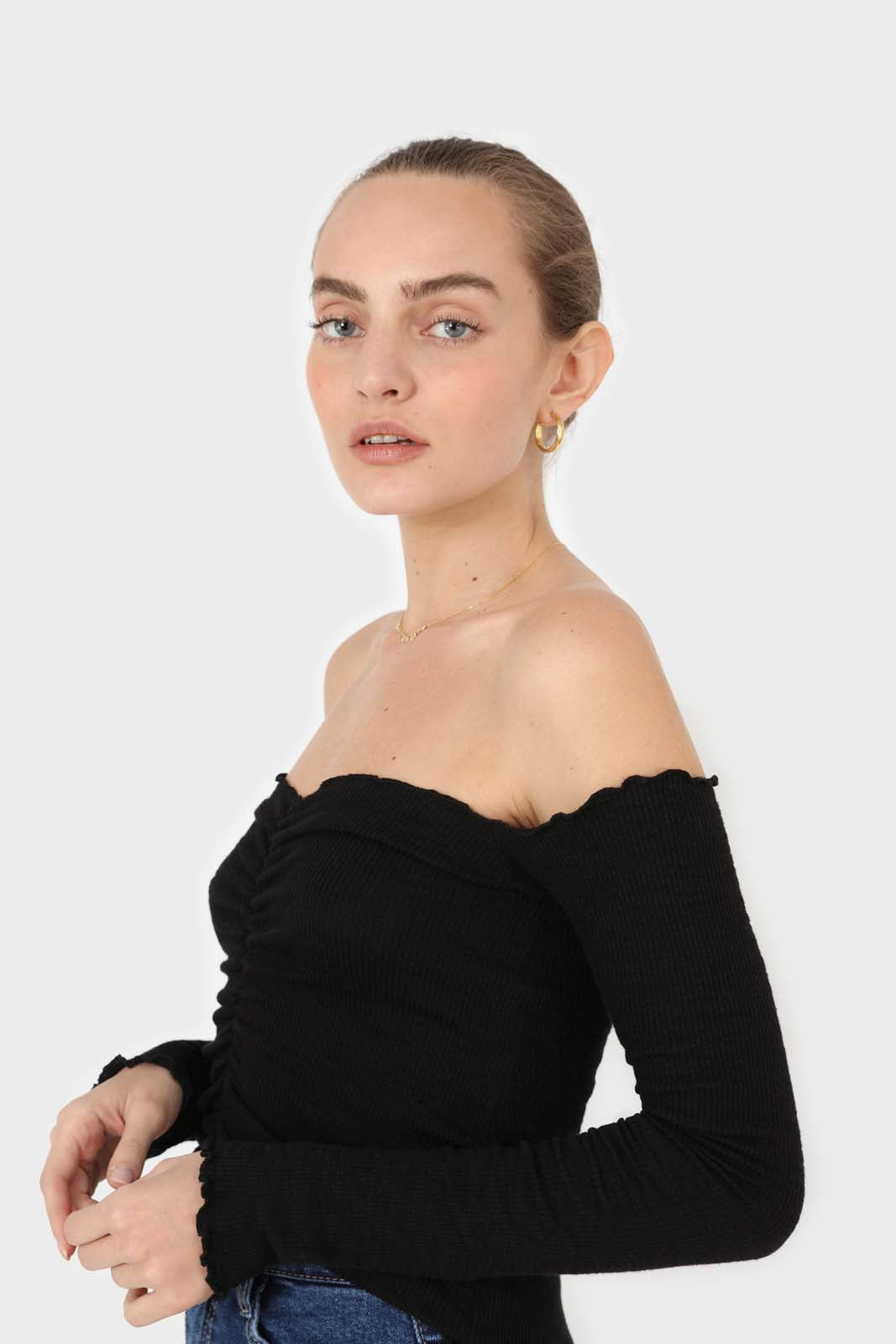 Black off shoulder ruched front ribbed top_6