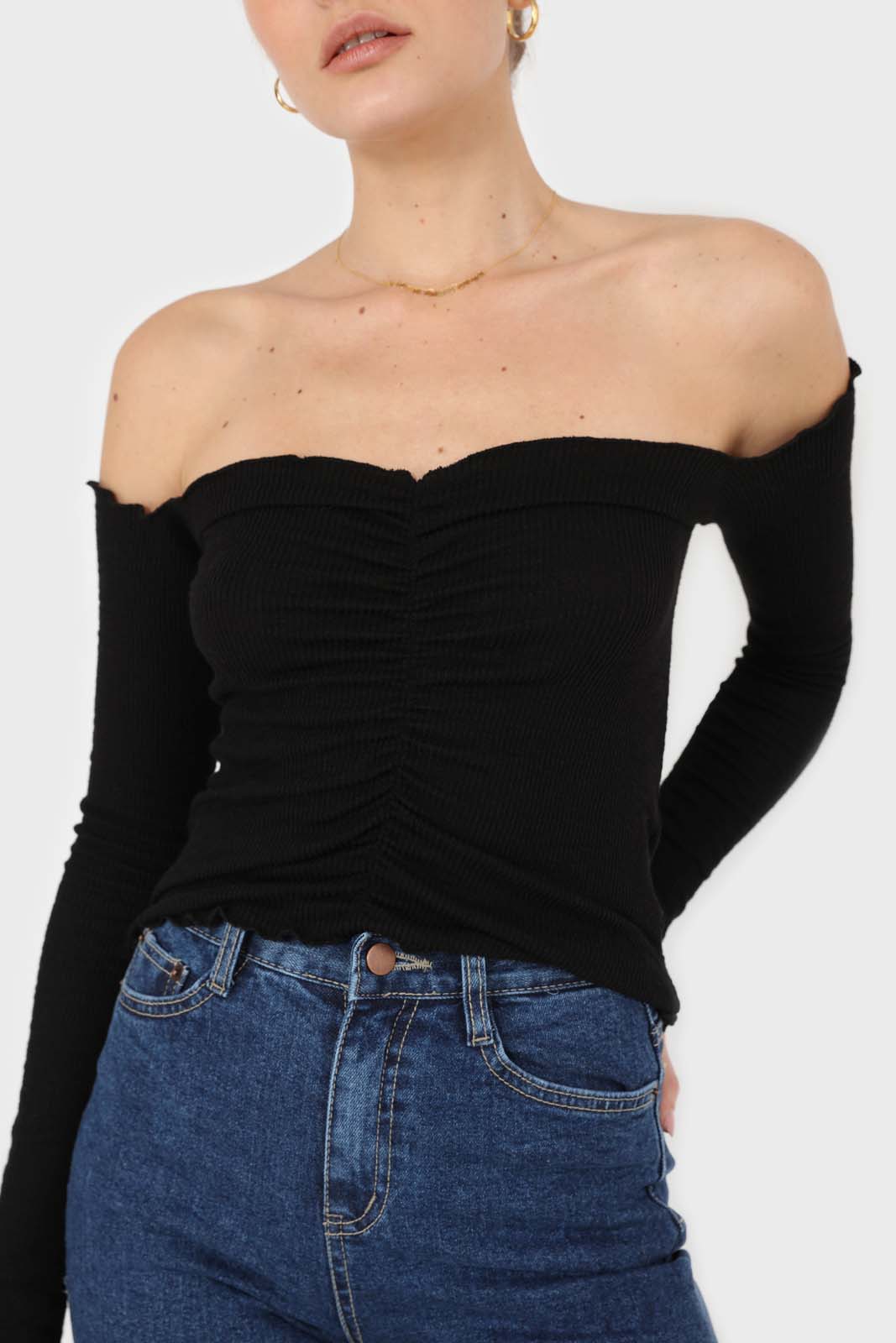 Black off shoulder ruched front ribbed top_7