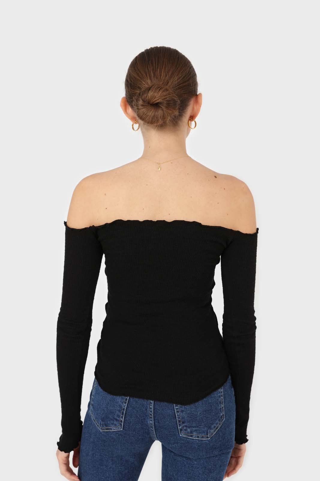 Black off shoulder ruched front ribbed top_8