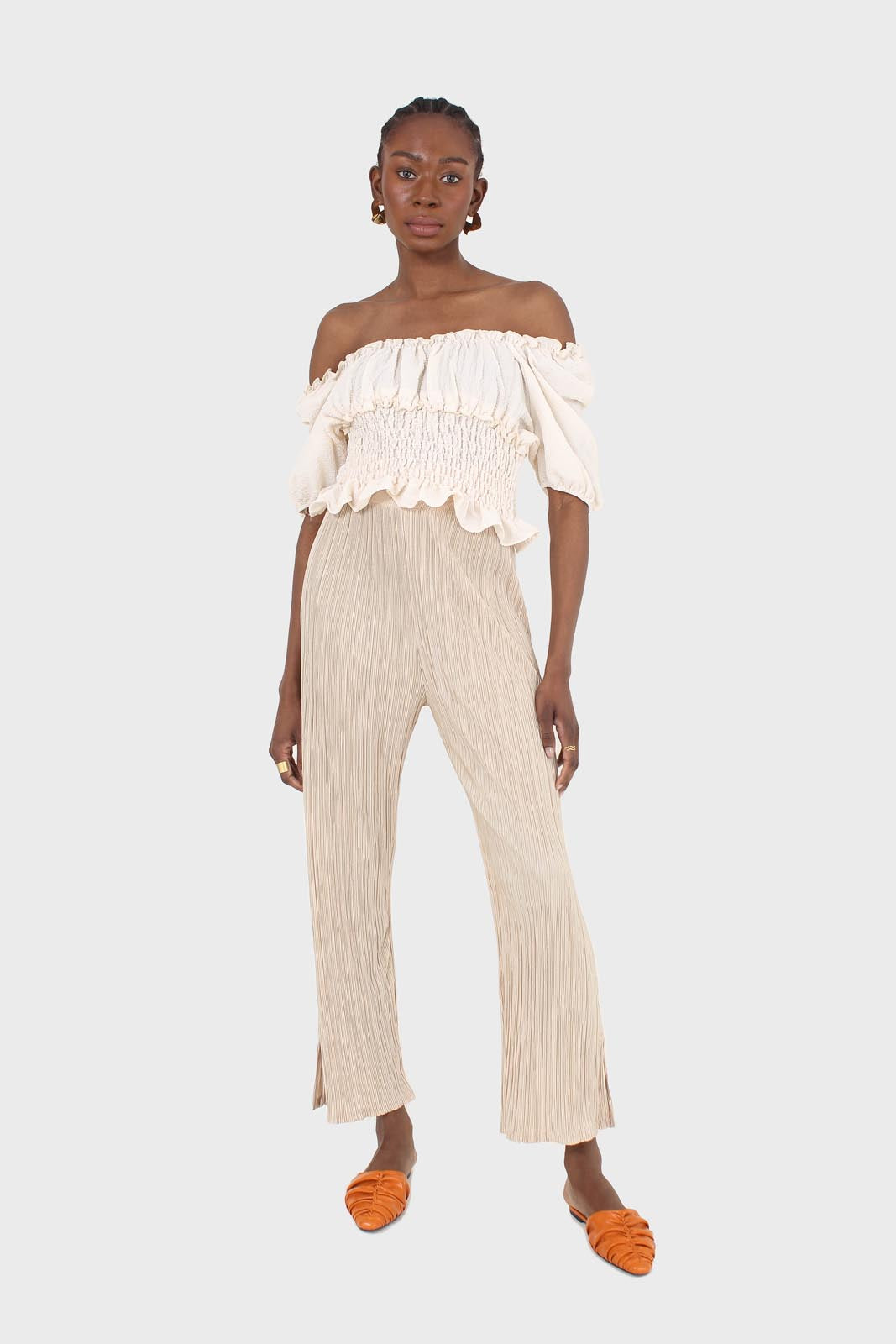 Beige silky micro pleat trousers_3