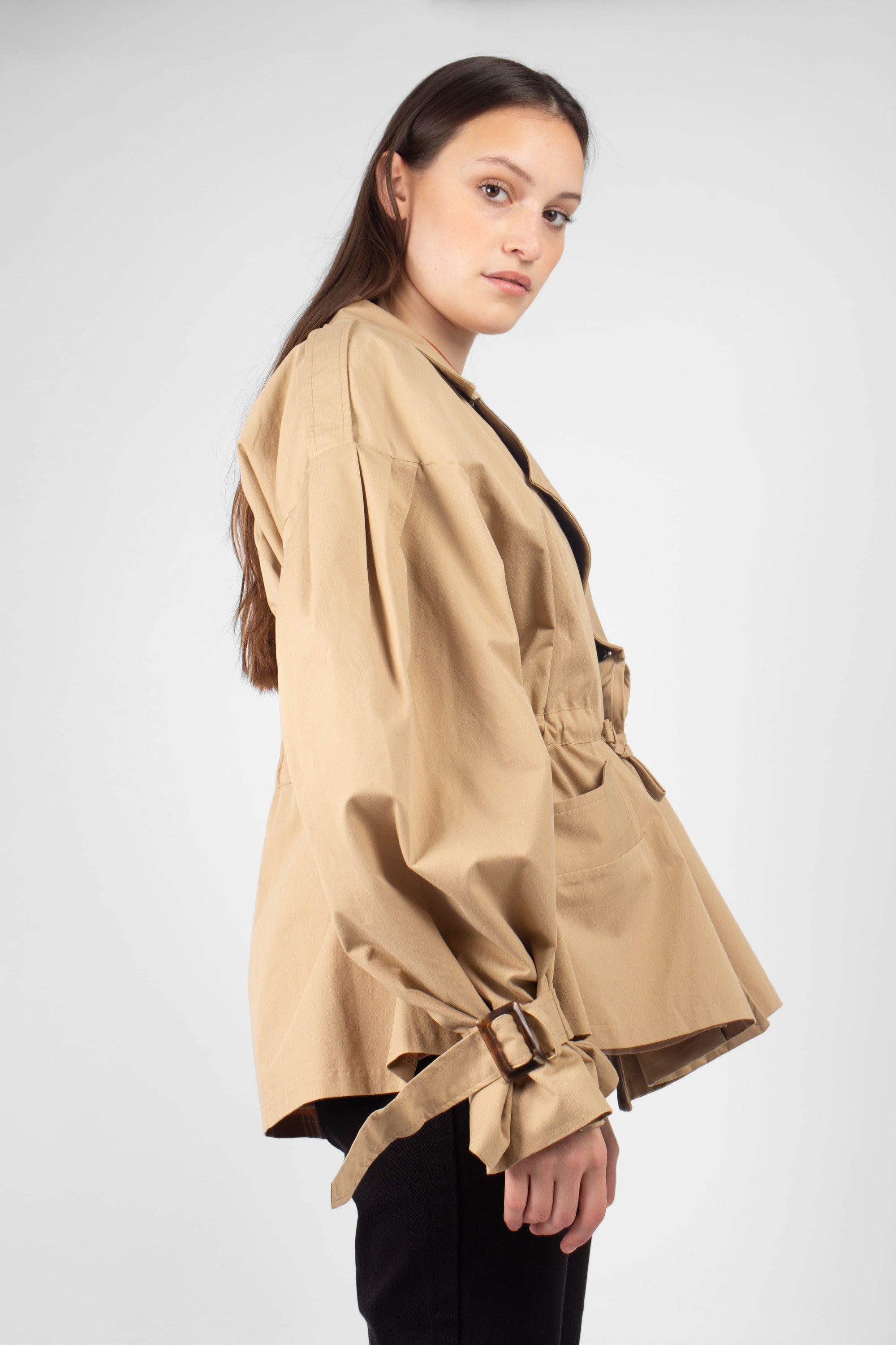 Beige double breasted half length trench coat_3