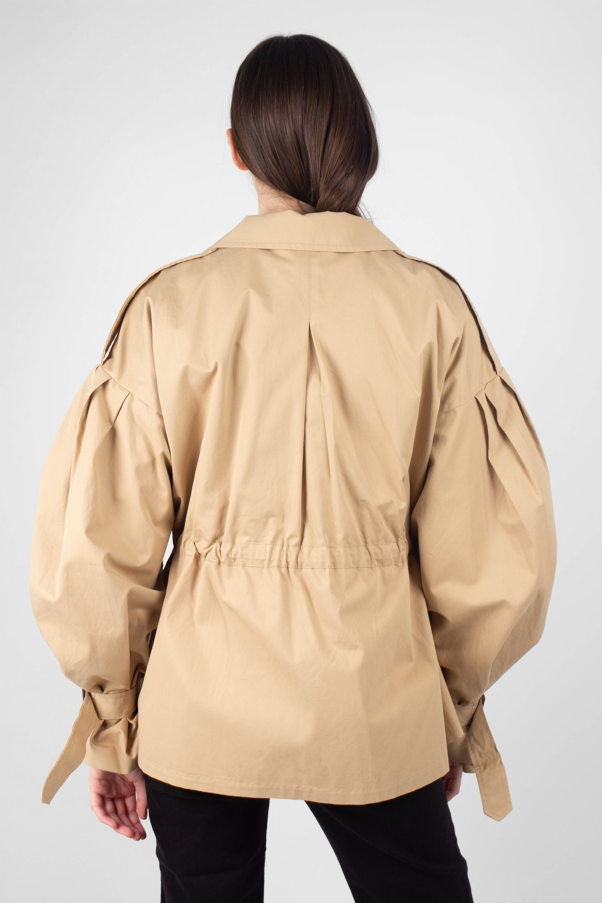 Beige double breasted half length trench coat_6