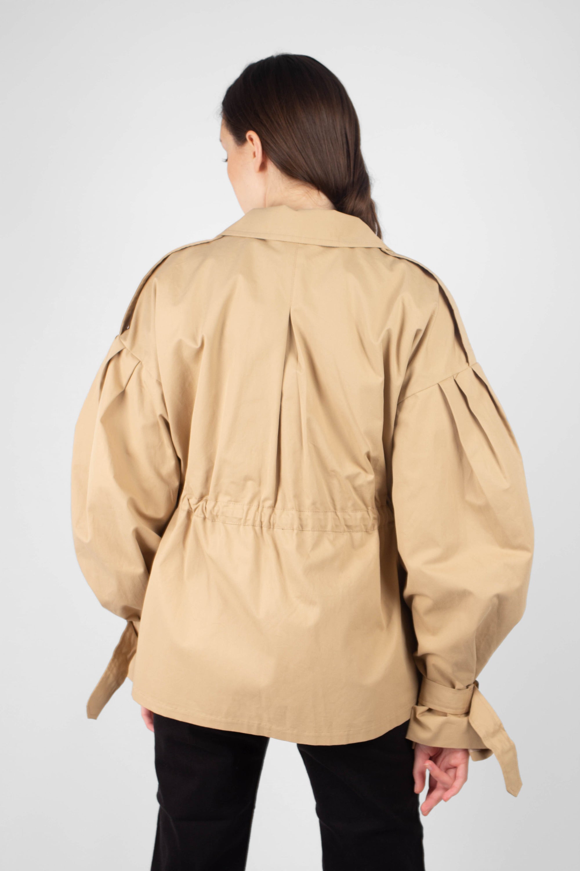 Beige double breasted half length trench coat_7