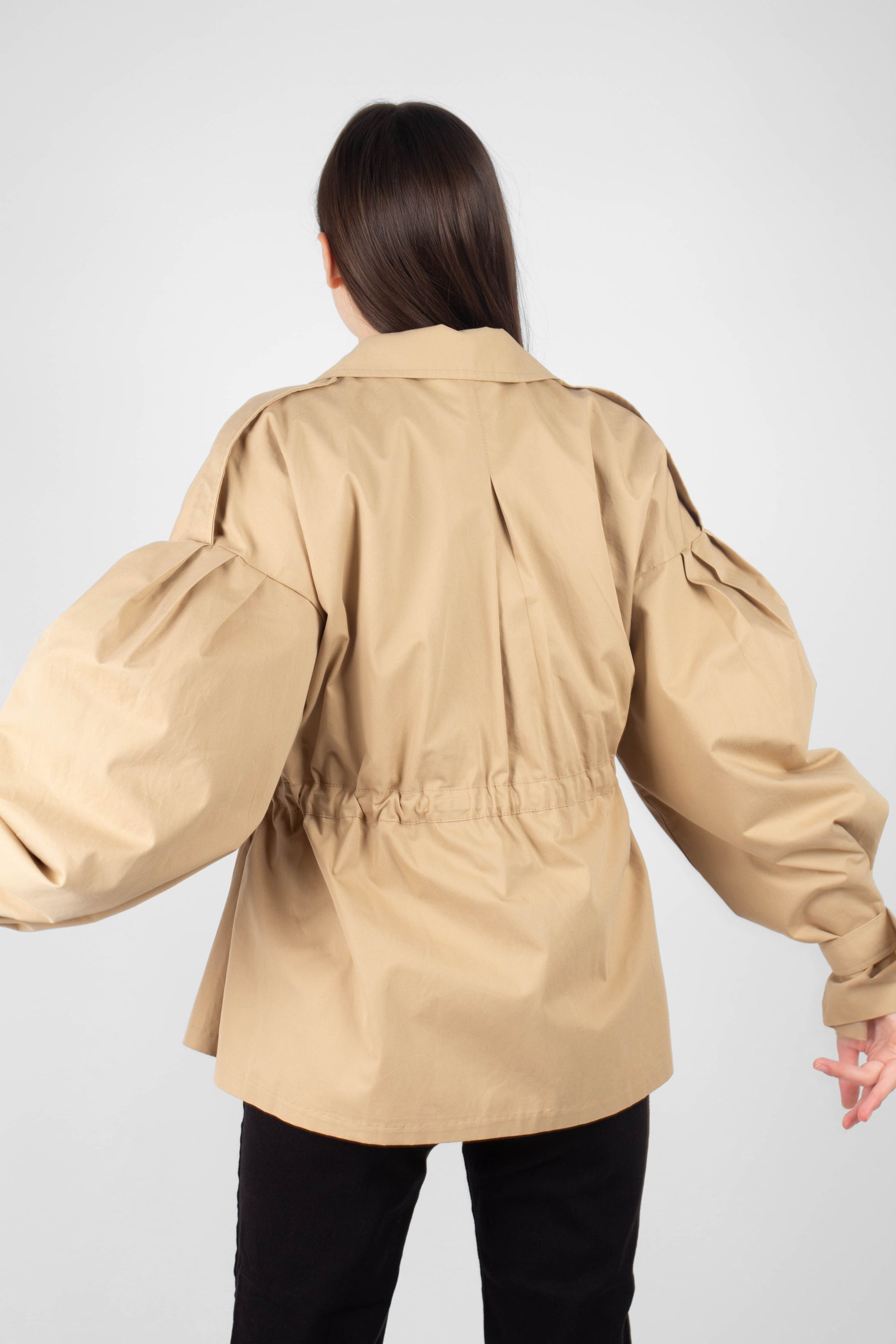 Beige double breasted half length trench coat_8