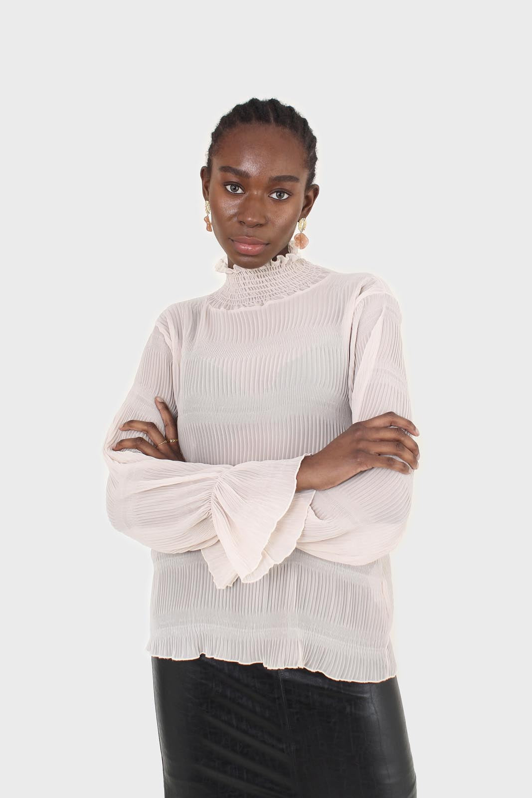 Beige shirring neck sheer tiered blouse_8