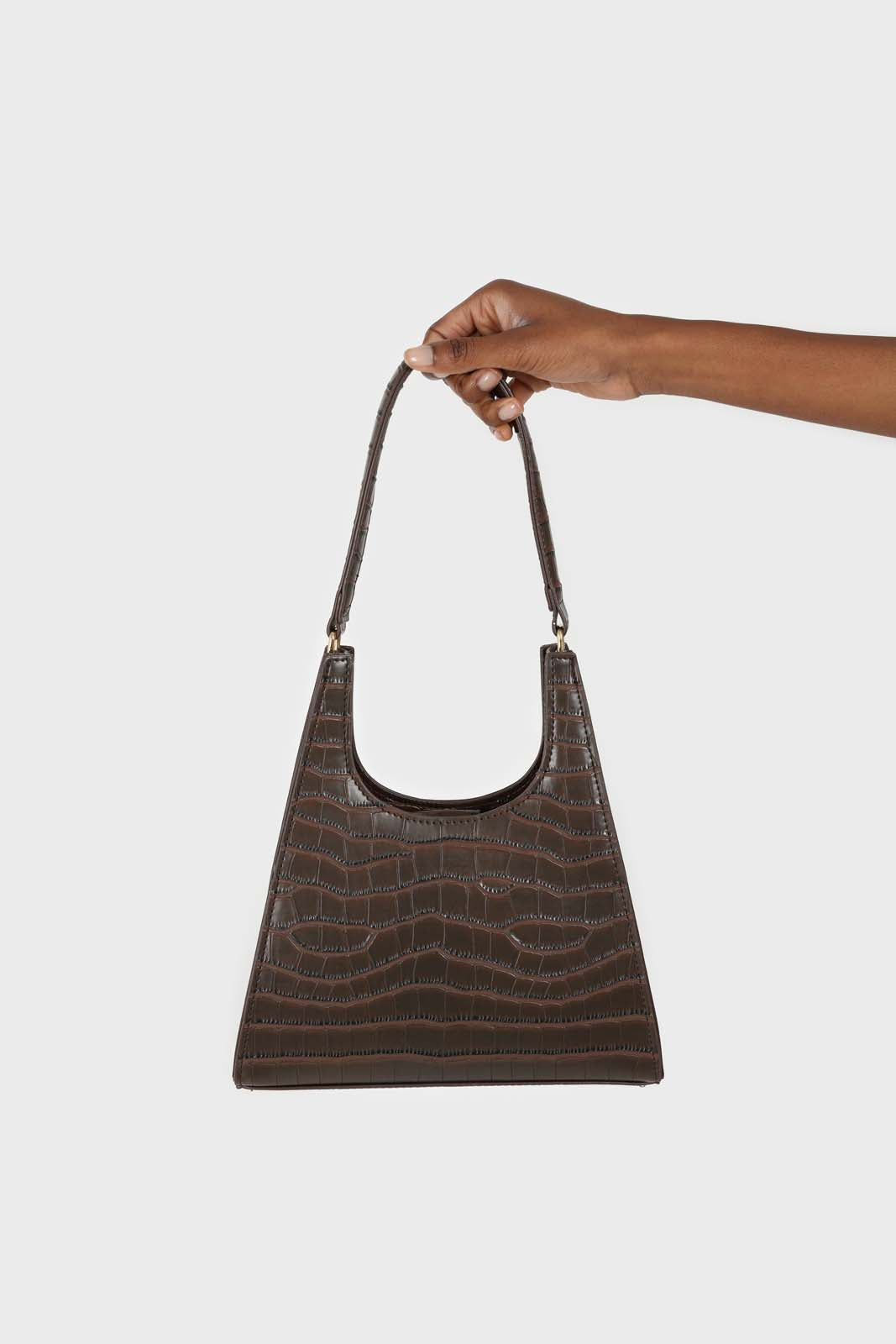 Brown croc skin triangle shoulder bag with chain handle_1