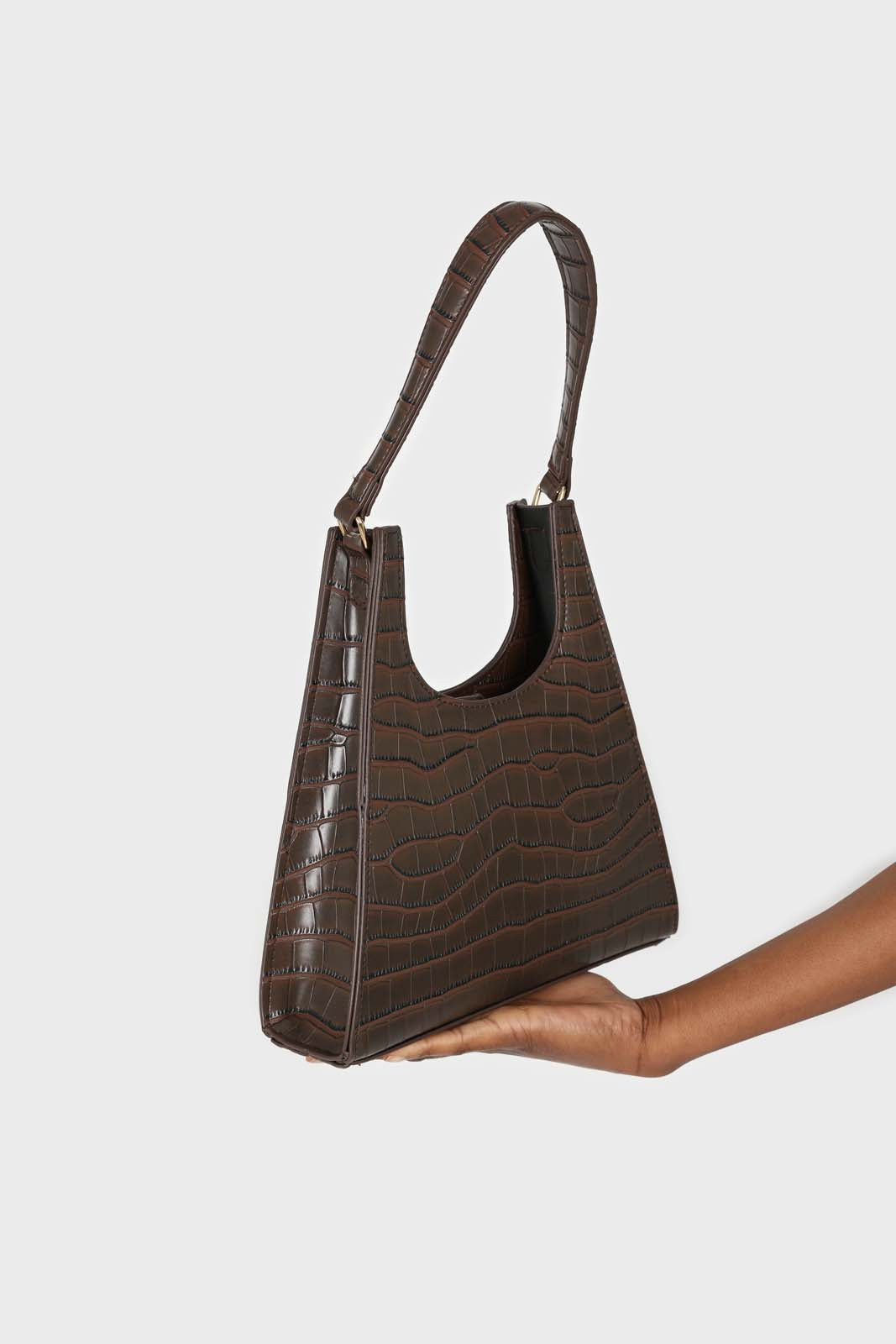 Brown croc skin triangle shoulder bag with chain handle_2