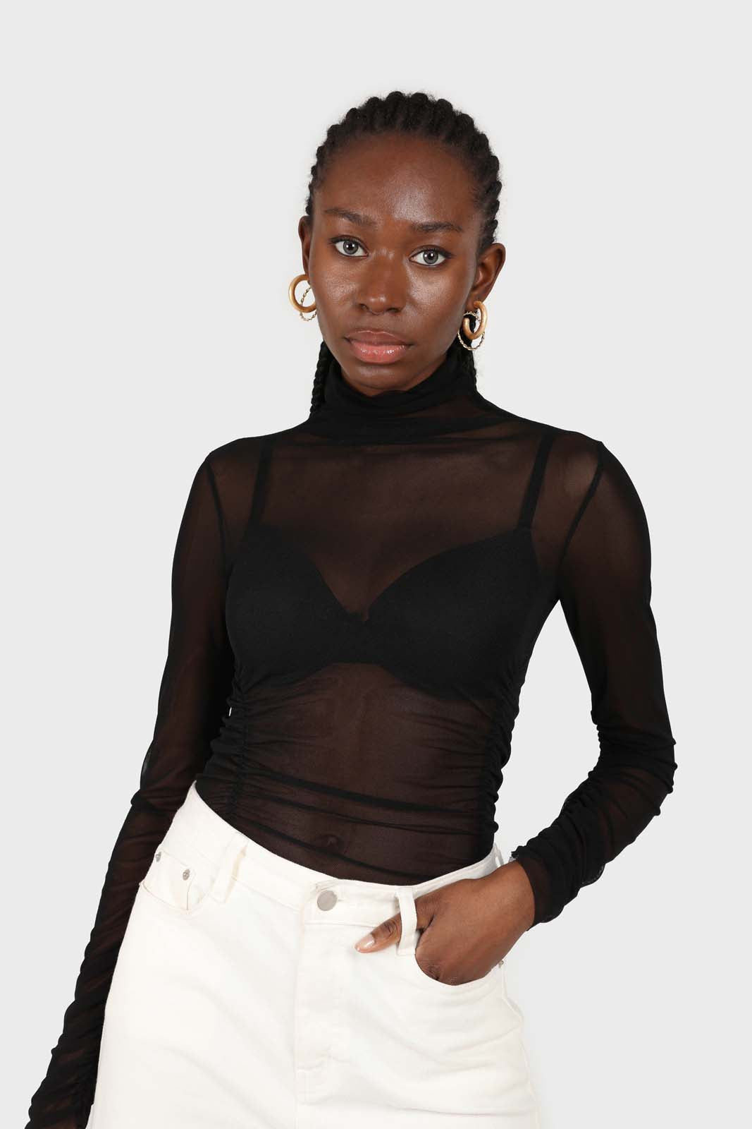 Black sheer shirring sides turtleneck top_1