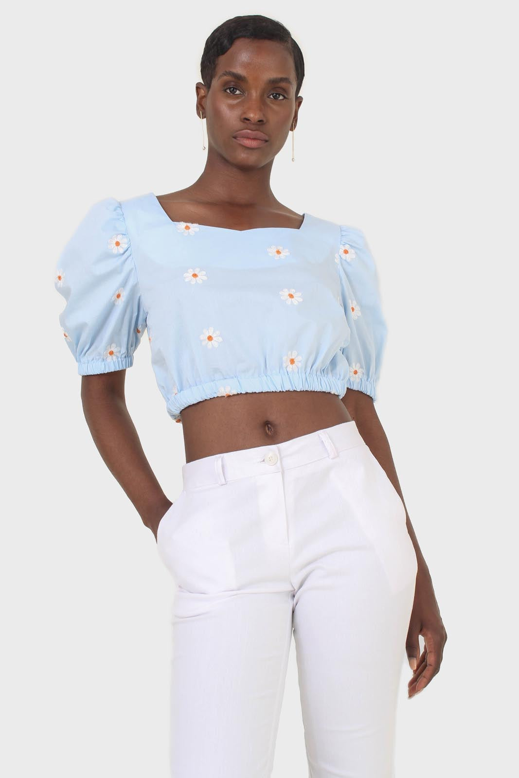 Blue embroidered daisy short sleeved top_4
