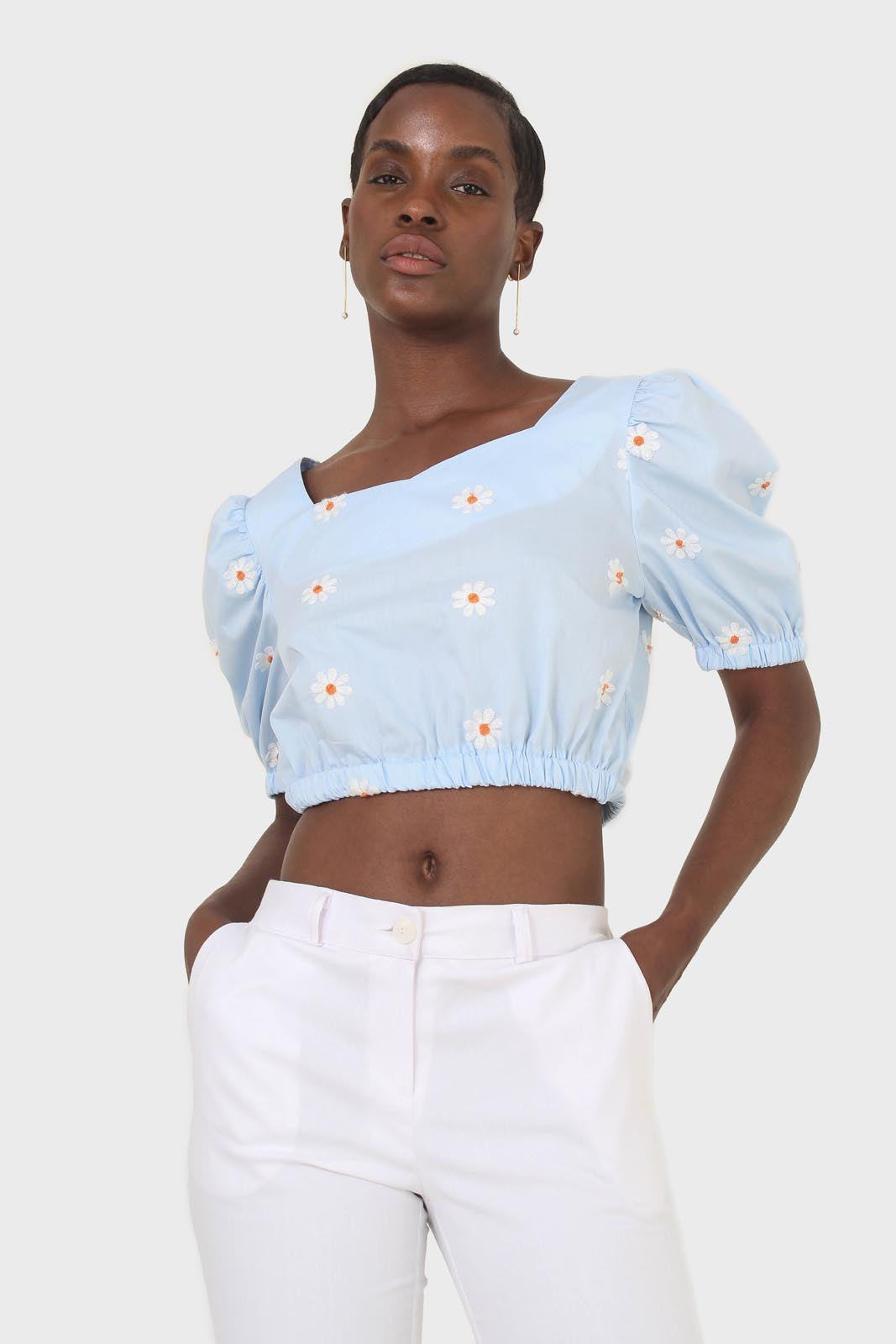 Blue embroidered daisy short sleeved top_1