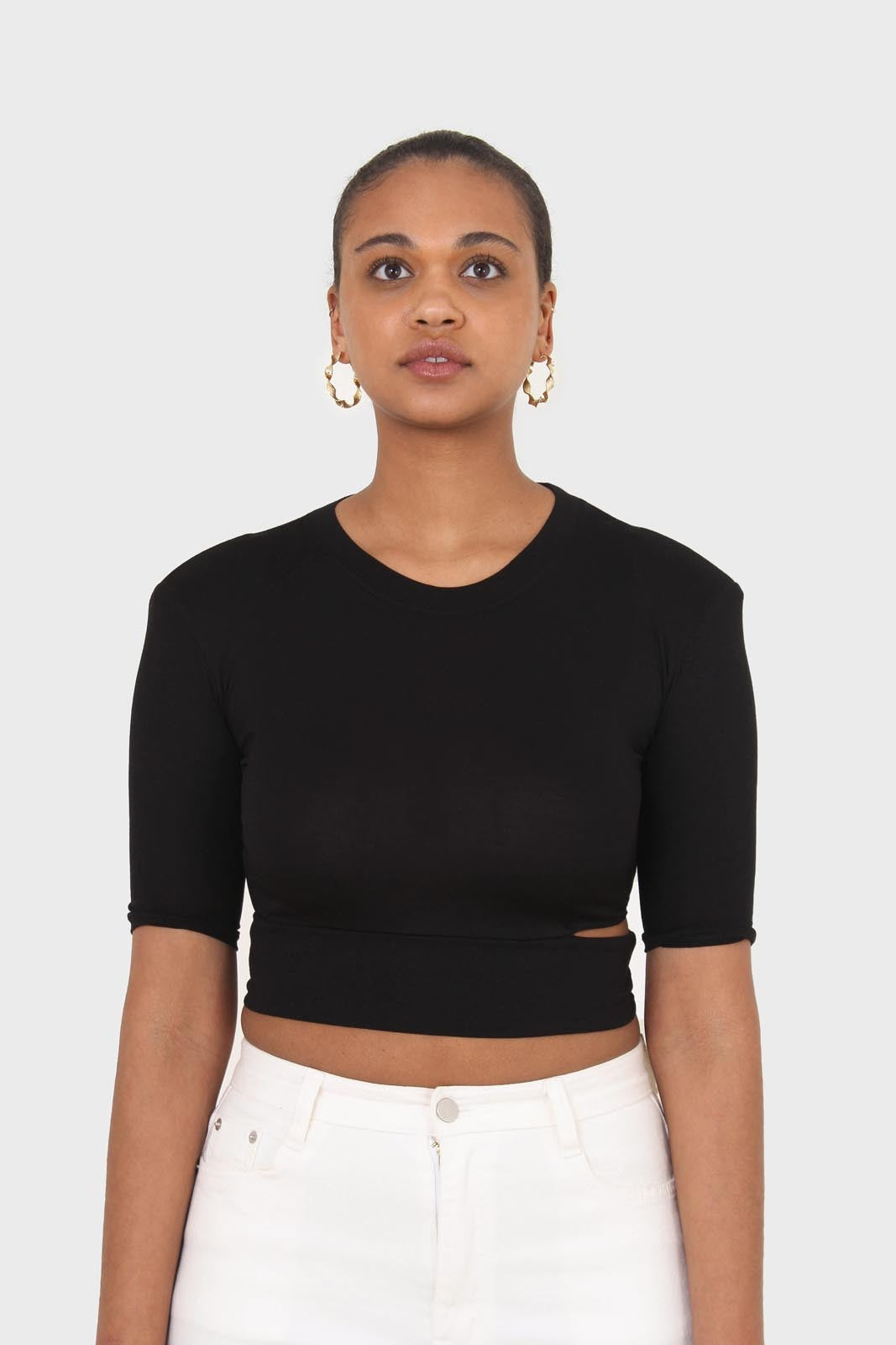 Black side slit padded shoulder tee_3