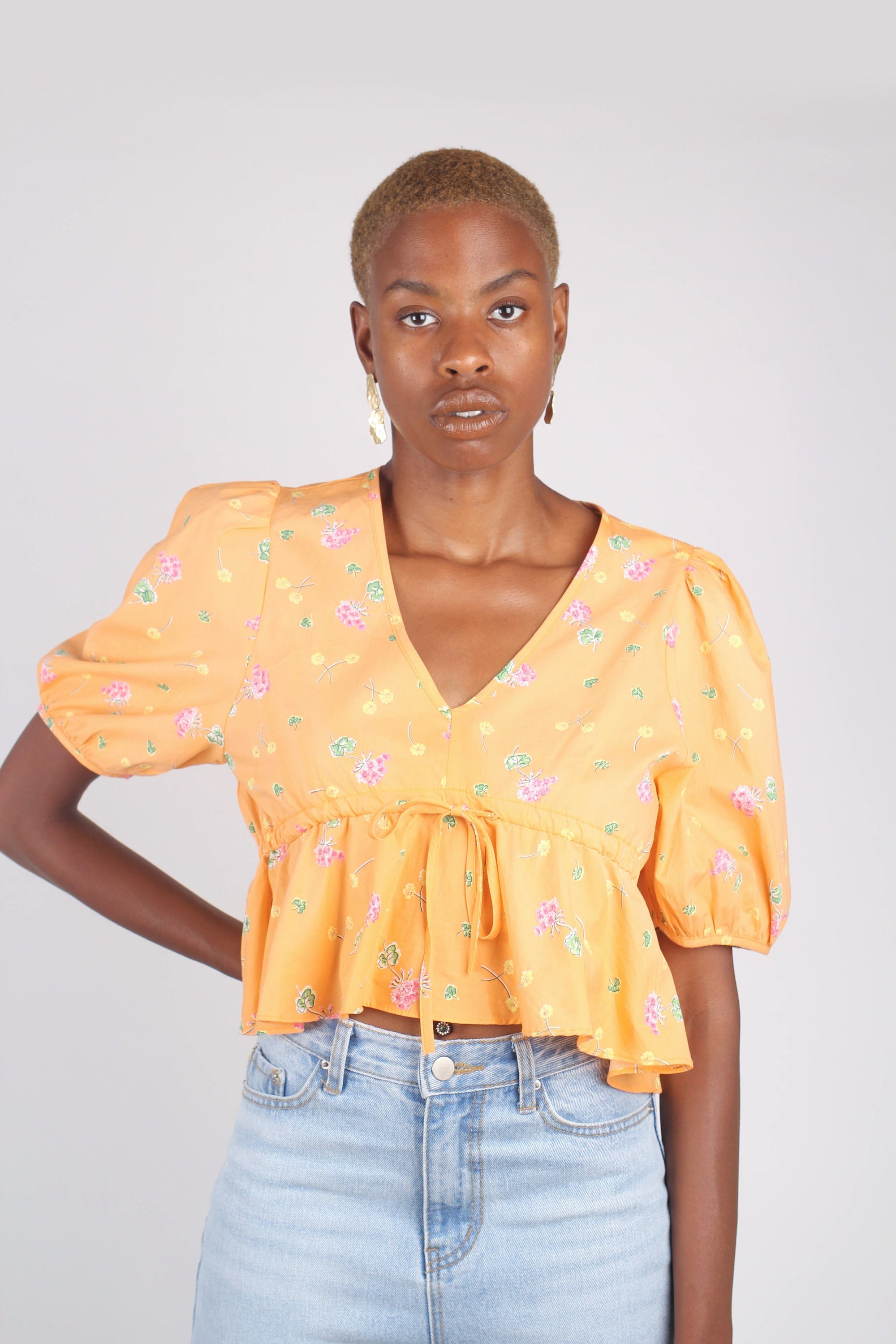 Orange floral print mid cinch blouse_1