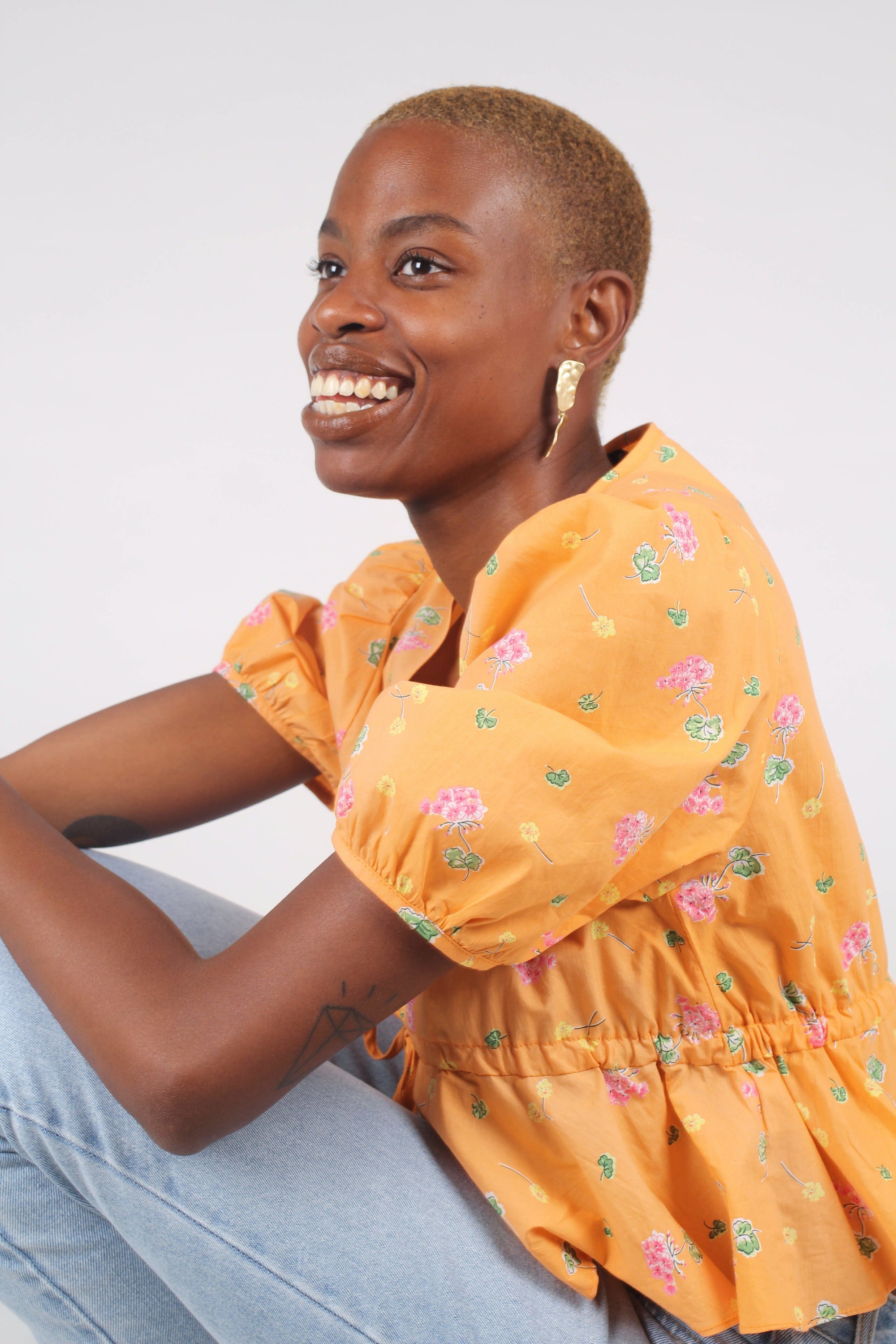 Orange floral print mid cinch blouse_3