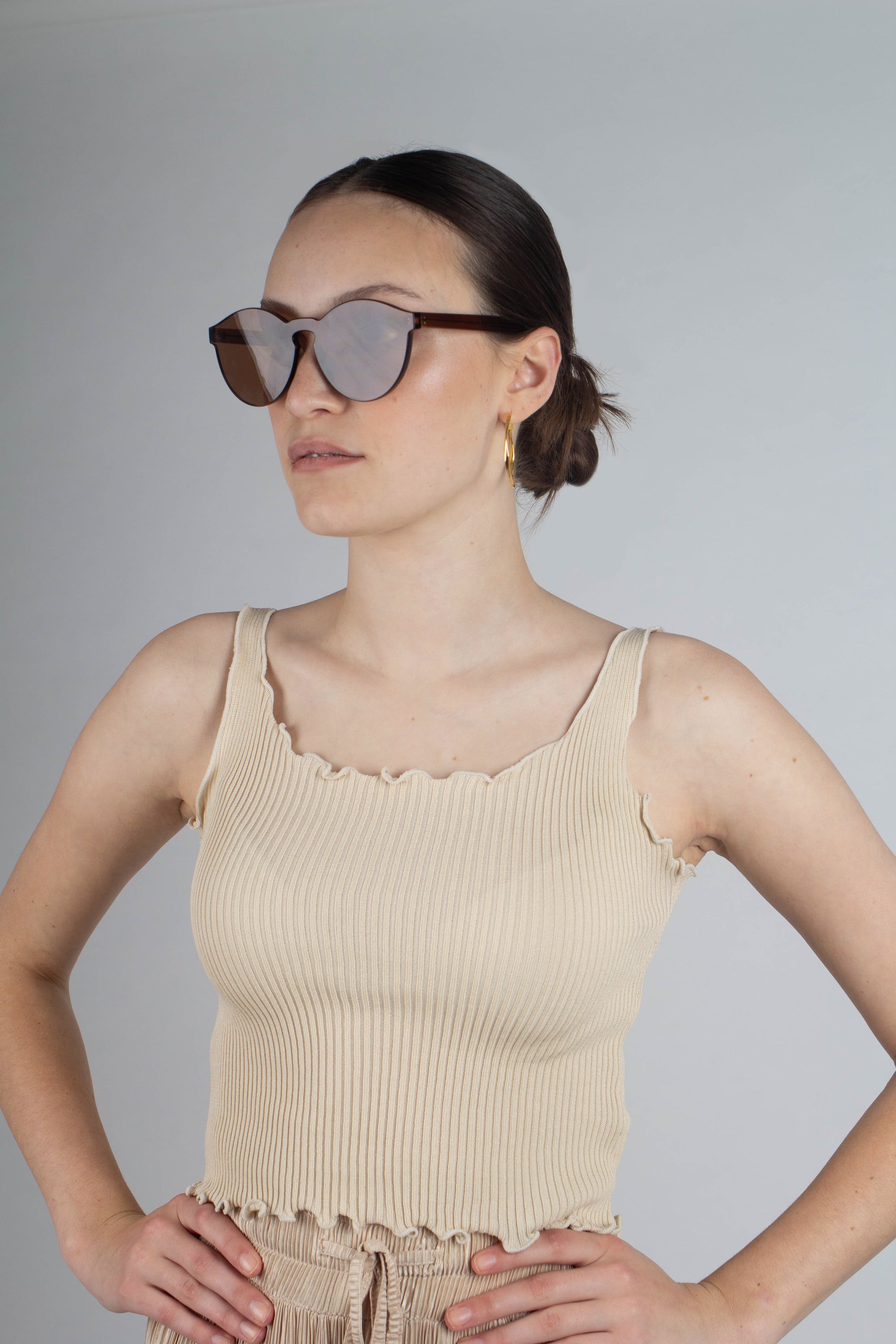 Beige ruffle trim tank top_1