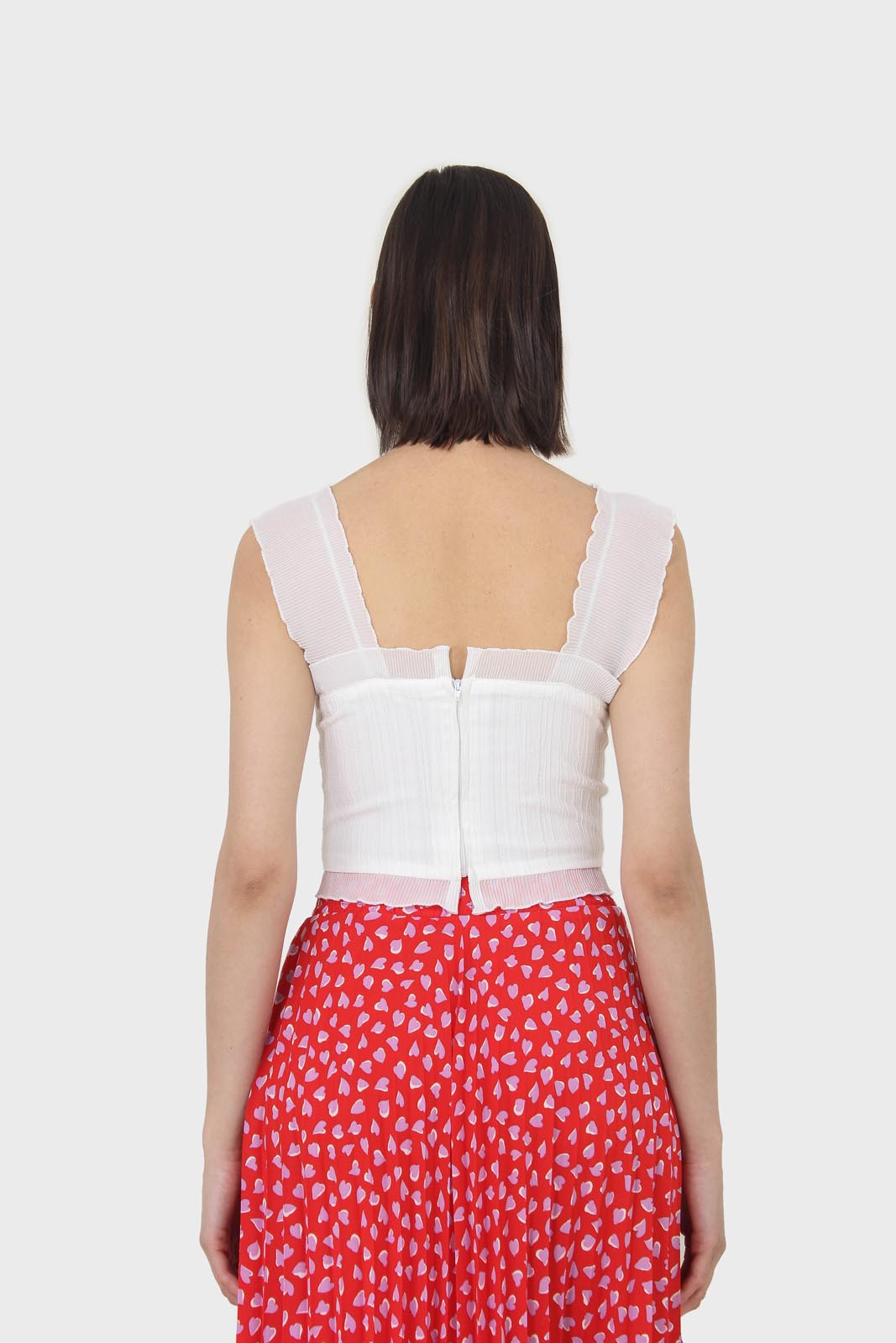 White chiffon trim lace up front tank top_2