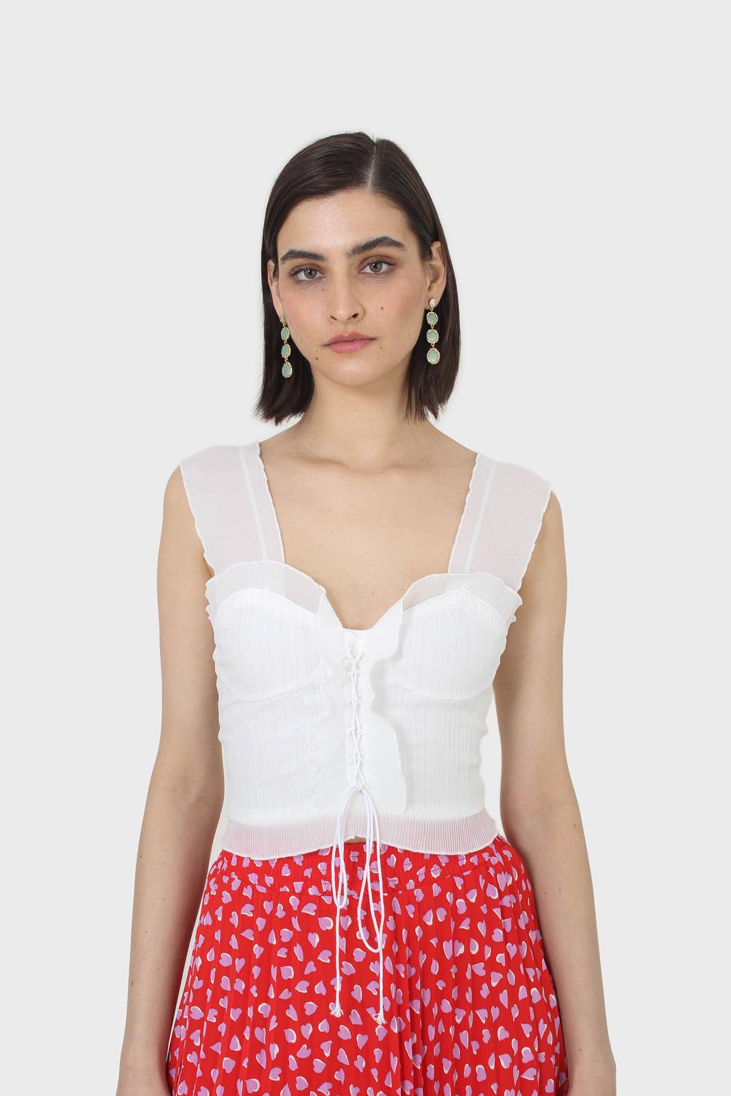 White chiffon trim lace up front tank top_1