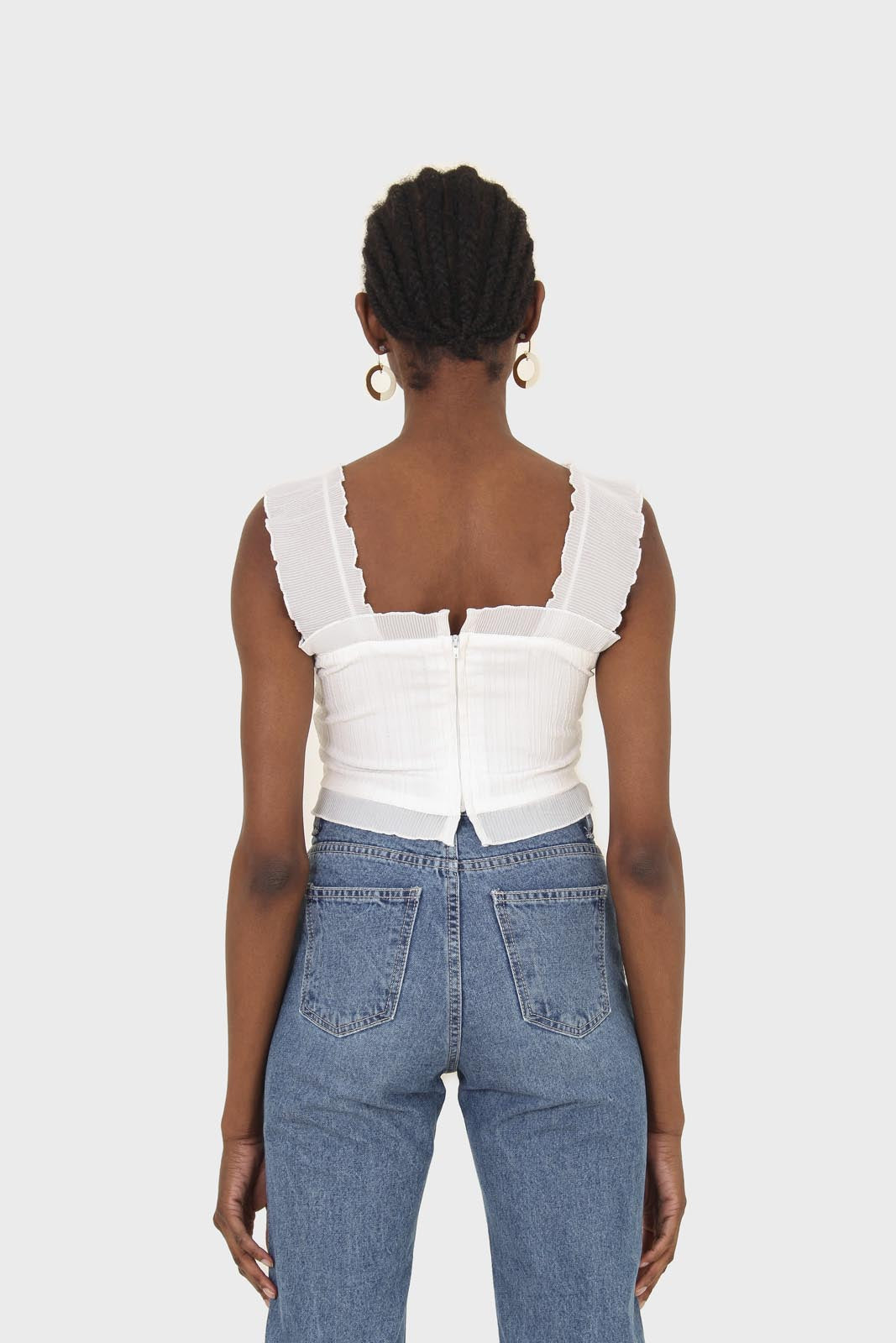 White chiffon trim lace up front tank top_7